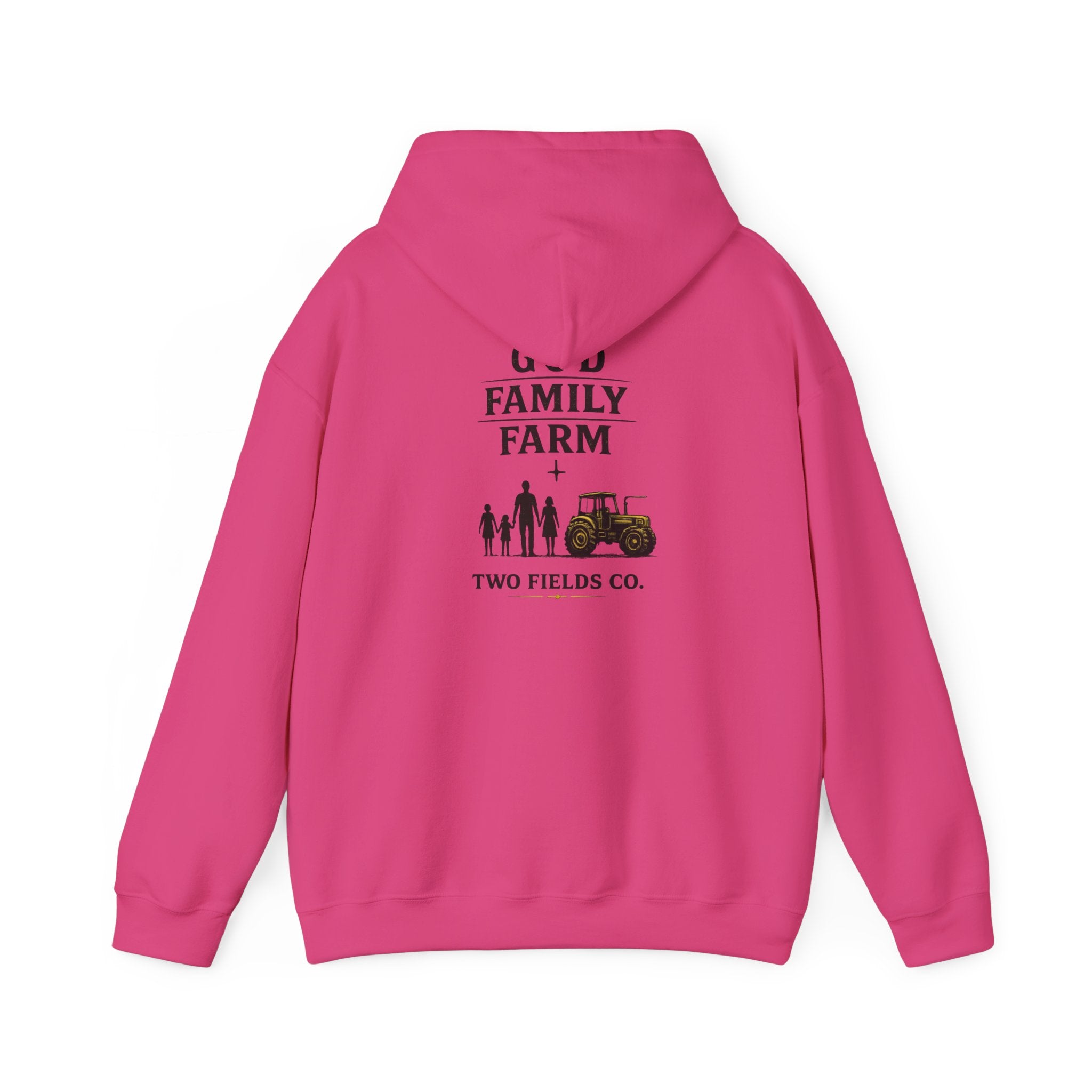 Magenta pullover hoodie with FAMILY FARM graphic and tractor on back