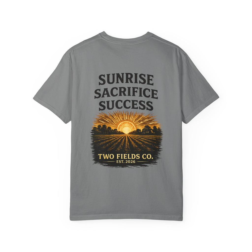 Grey crewneck graphic T-shirt with “Sunrise Sacrifice Success” and sunrise landscape.