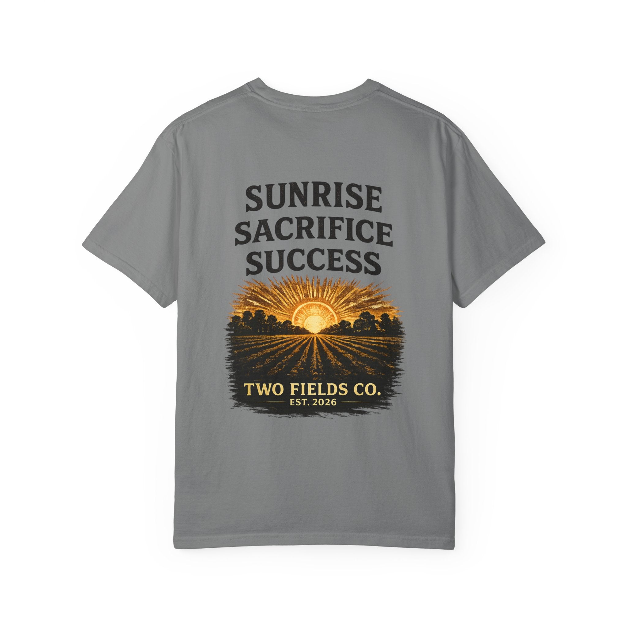 Grey crewneck graphic T-shirt with “Sunrise Sacrifice Success” and sunrise landscape.