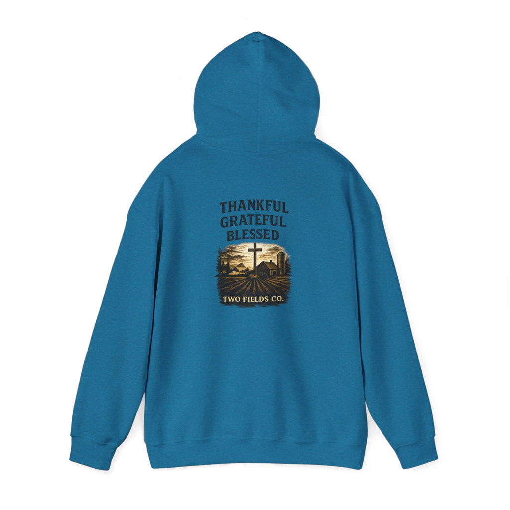 Teal Christian cross hoodie, back graphic with thankful, grateful, blessed