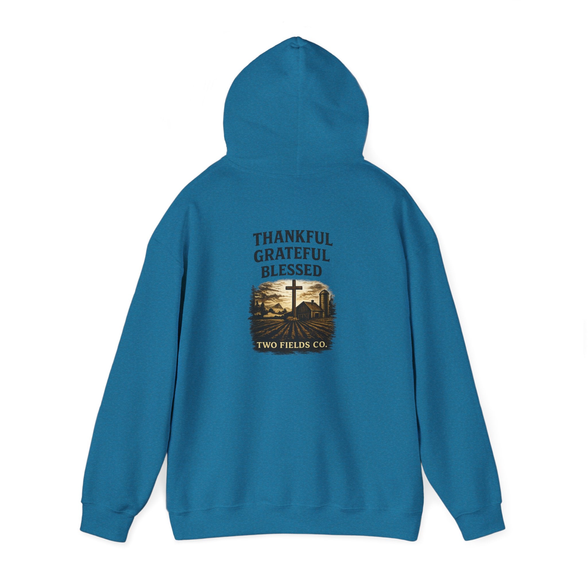 Teal Christian cross hoodie, back graphic with thankful, grateful, blessed