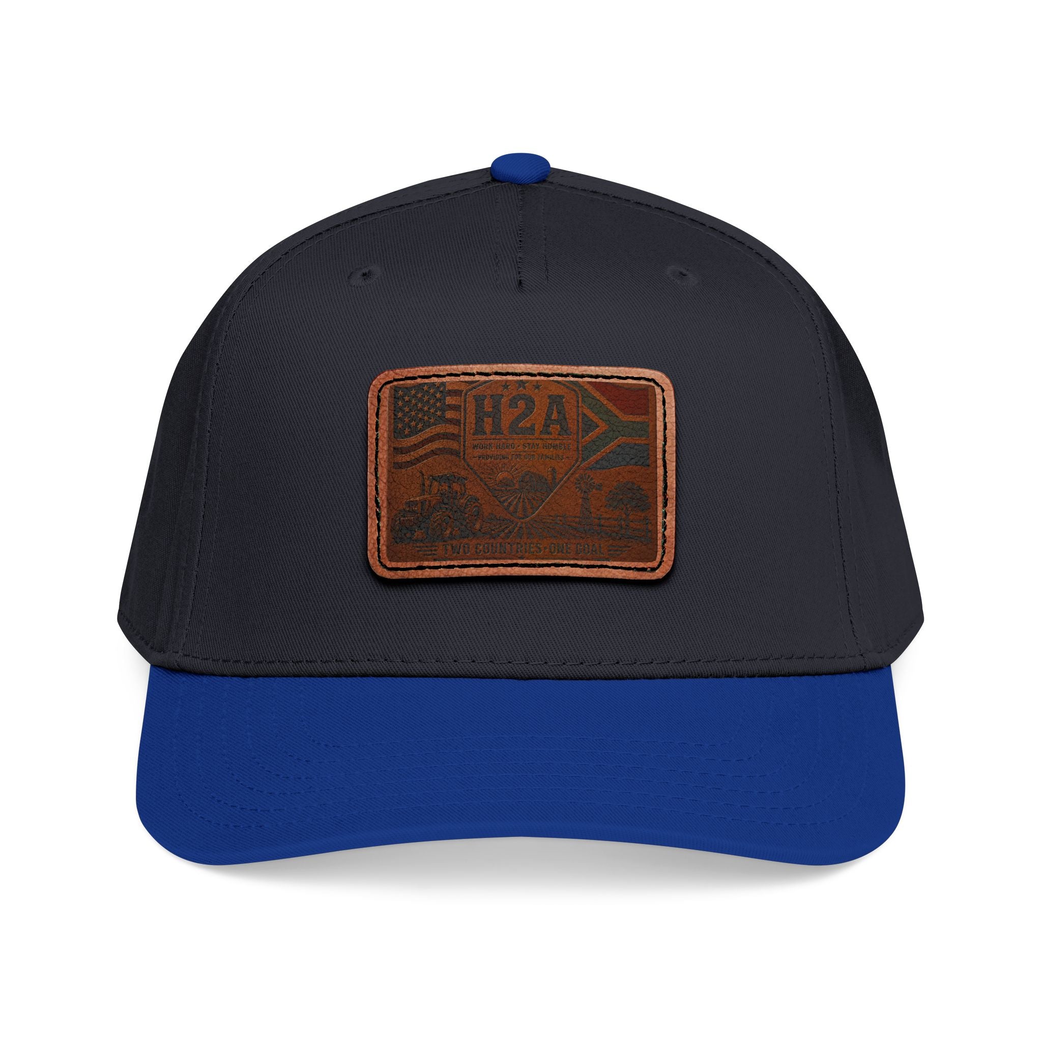 Two-tone leather patch baseball cap in black with dark blue brim and H2A logo patch
