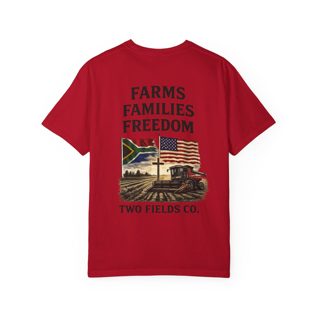 Red T-shirt with large Farms Families Freedom tractor graphic