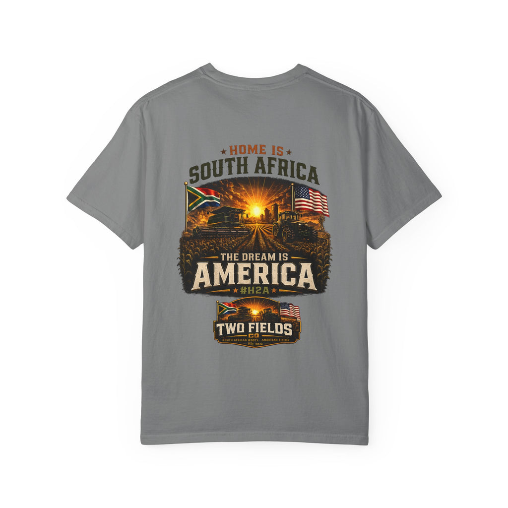 Dark grey graphic t-shirt with large “South Africa” and “America” front print