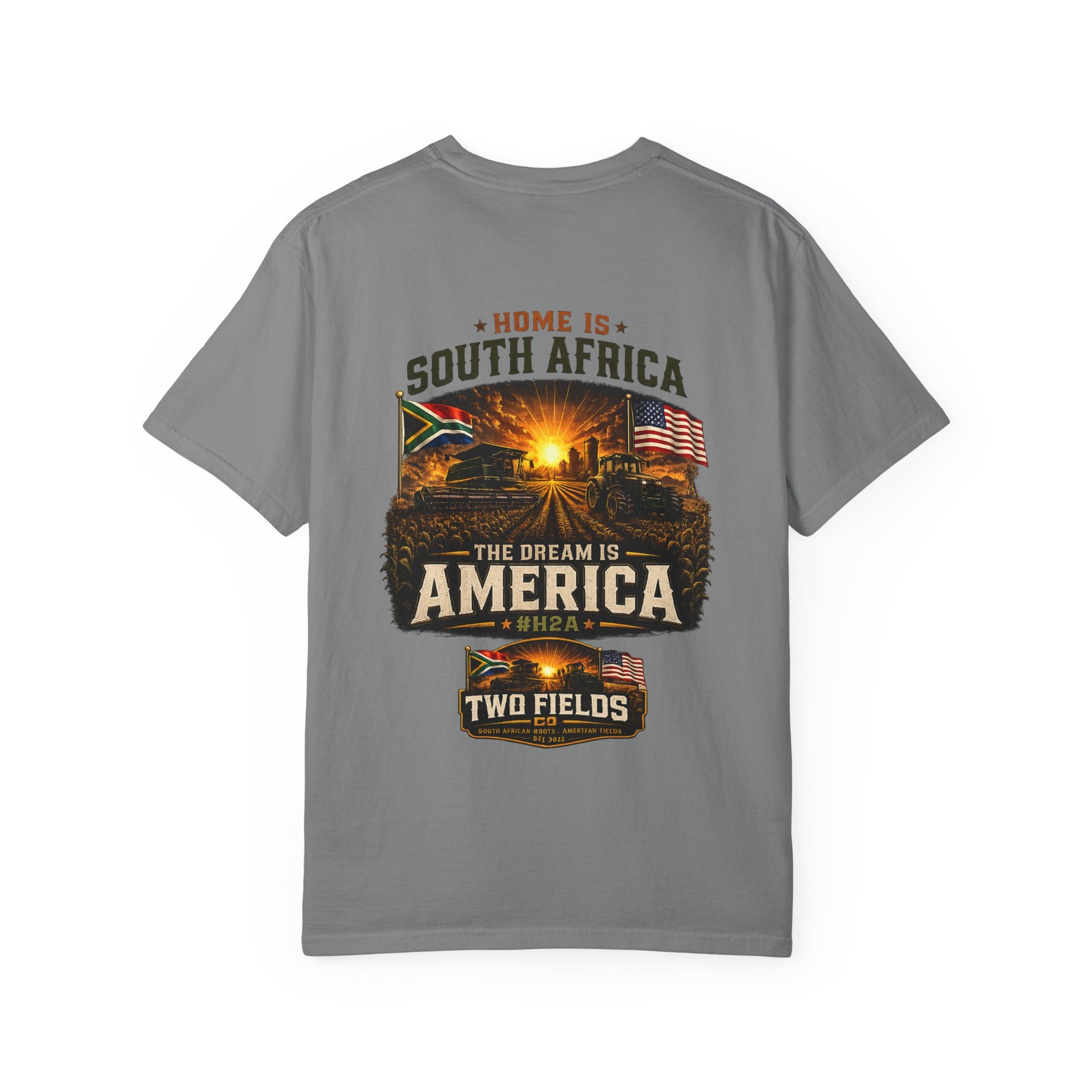 Dark grey graphic t-shirt with large “South Africa” and “America” front print