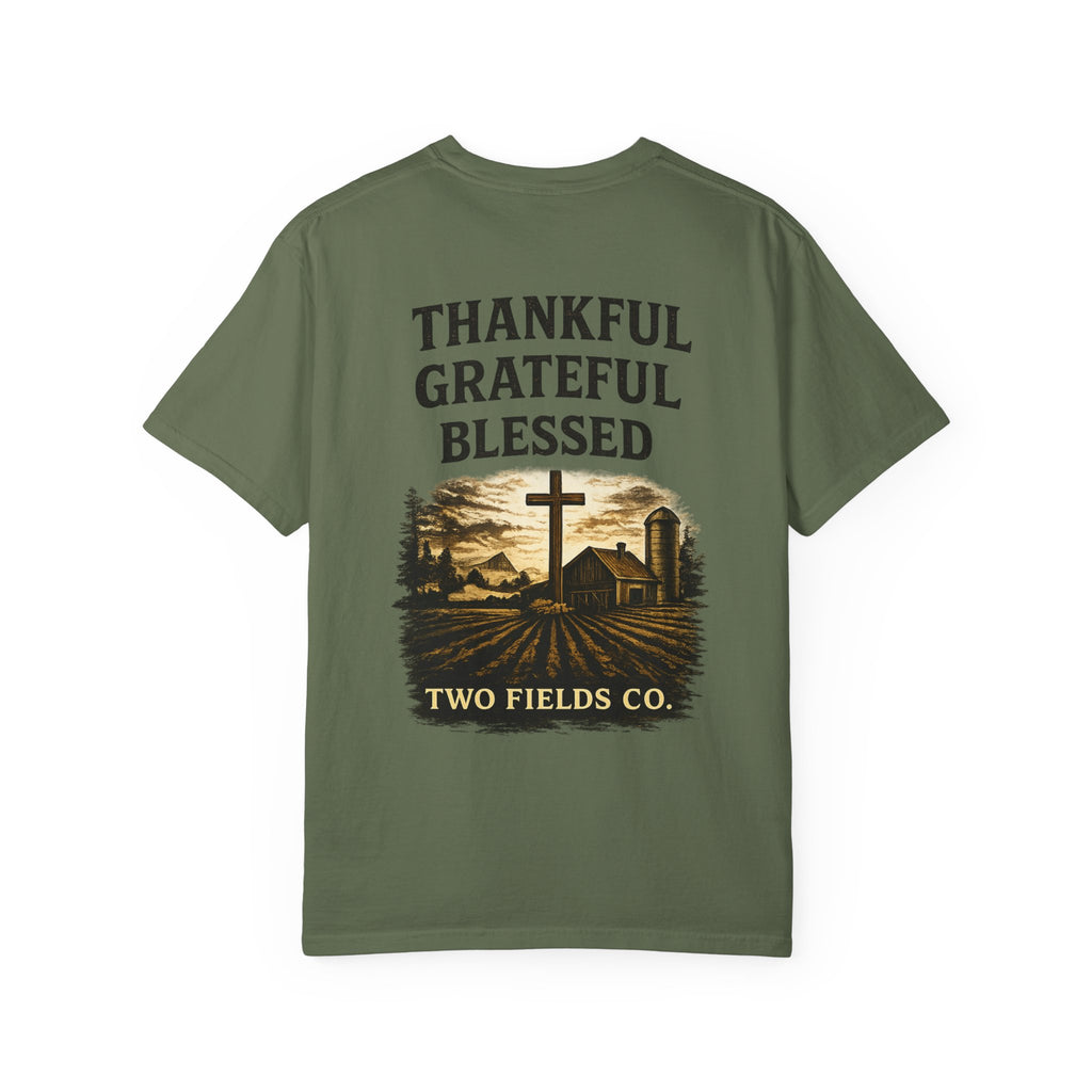 Olive green T-shirt with 'THANKFUL GRATEFUL BLESSED' farm cross graphic