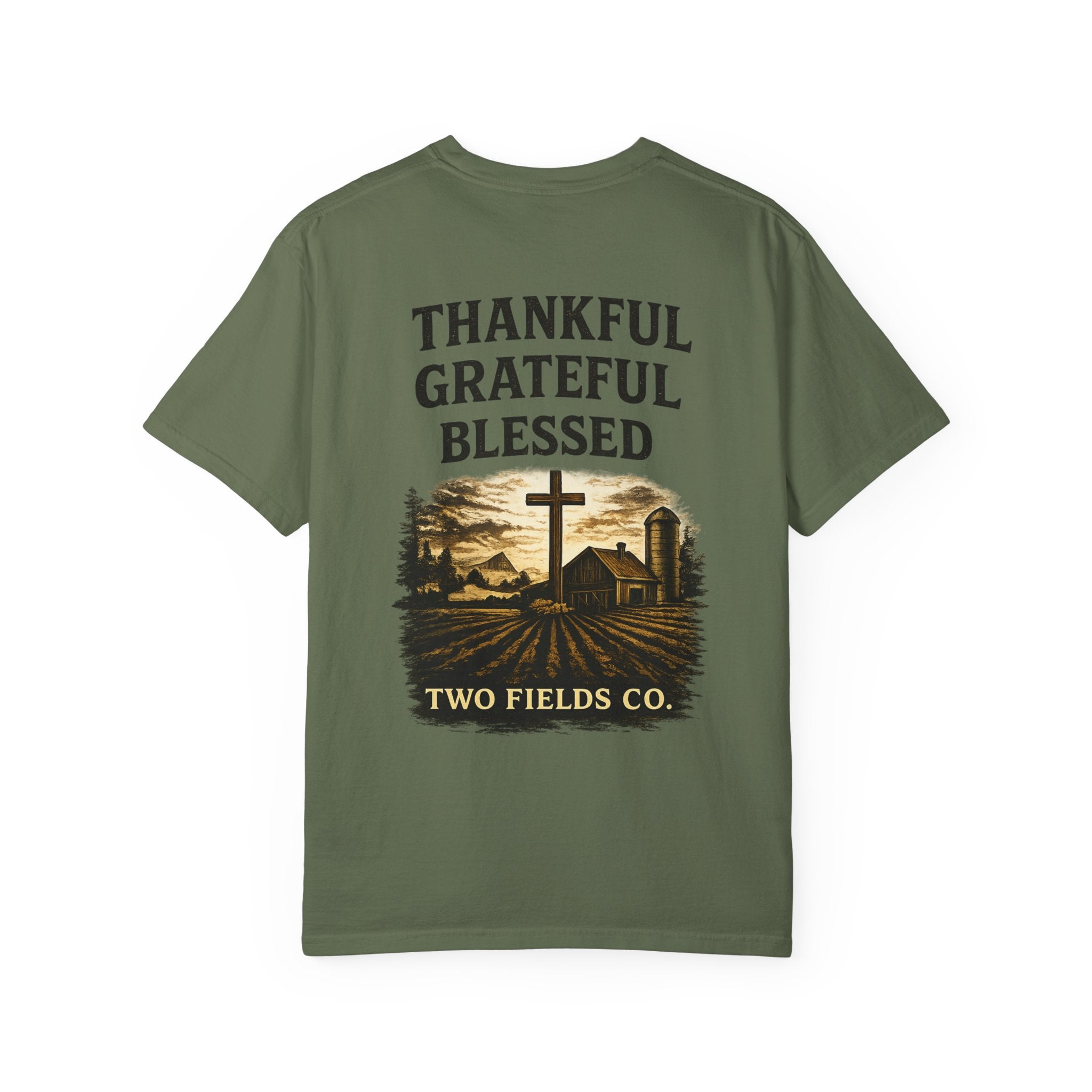 Olive green T-shirt with 'THANKFUL GRATEFUL BLESSED' farm cross graphic