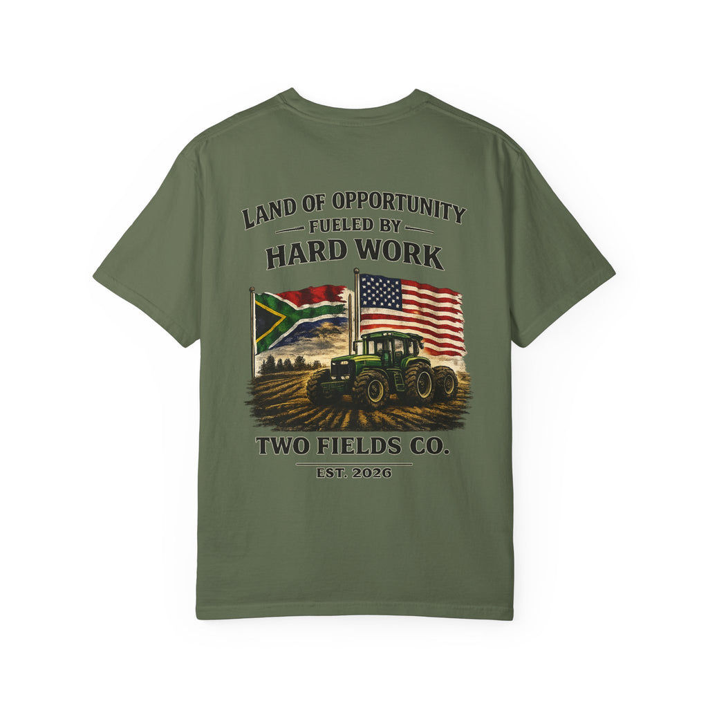 Green crewneck tractor graphic t-shirt with flag, slogan, and “Two Fields Co.”