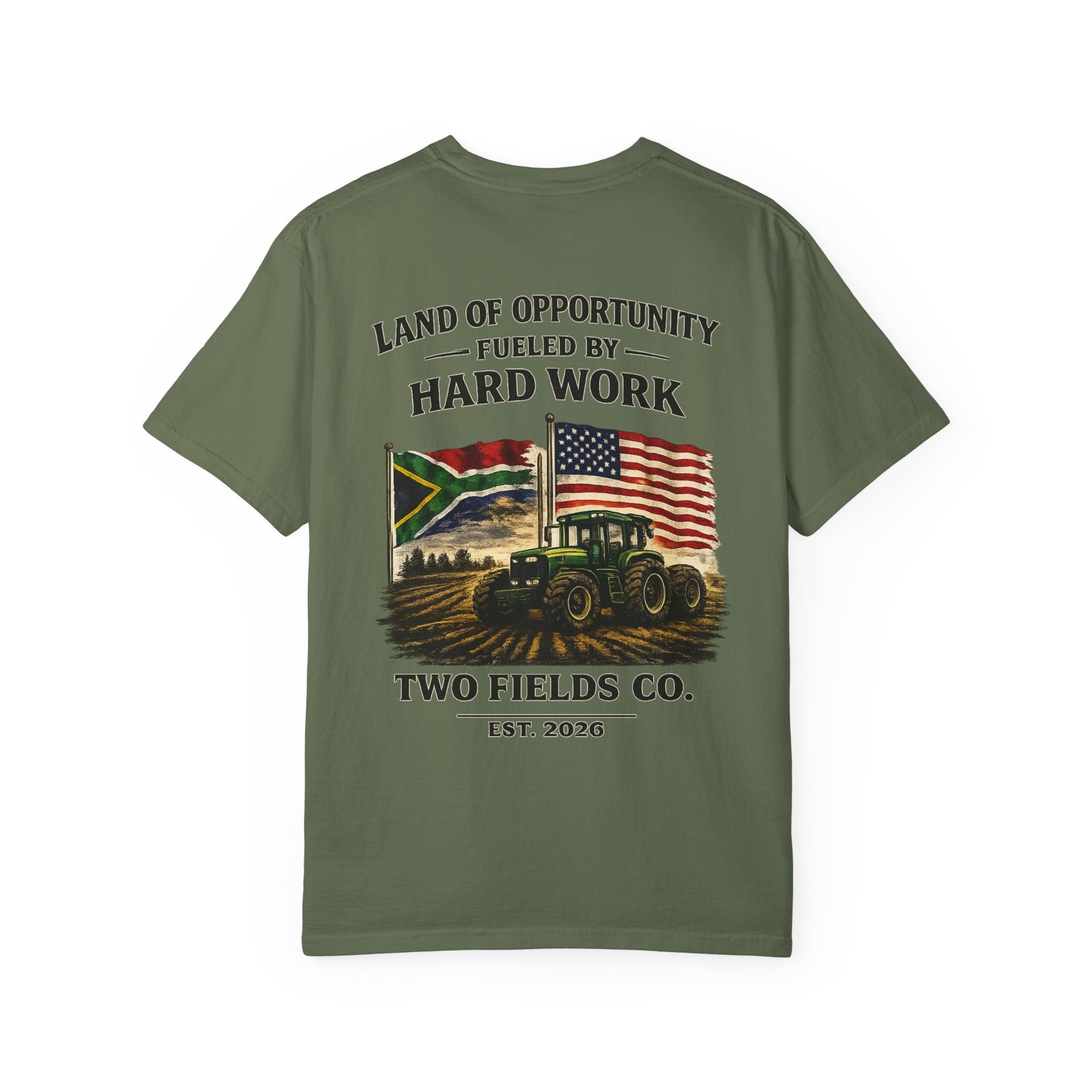 Green crewneck tractor graphic t-shirt with flag, slogan, and “Two Fields Co.”