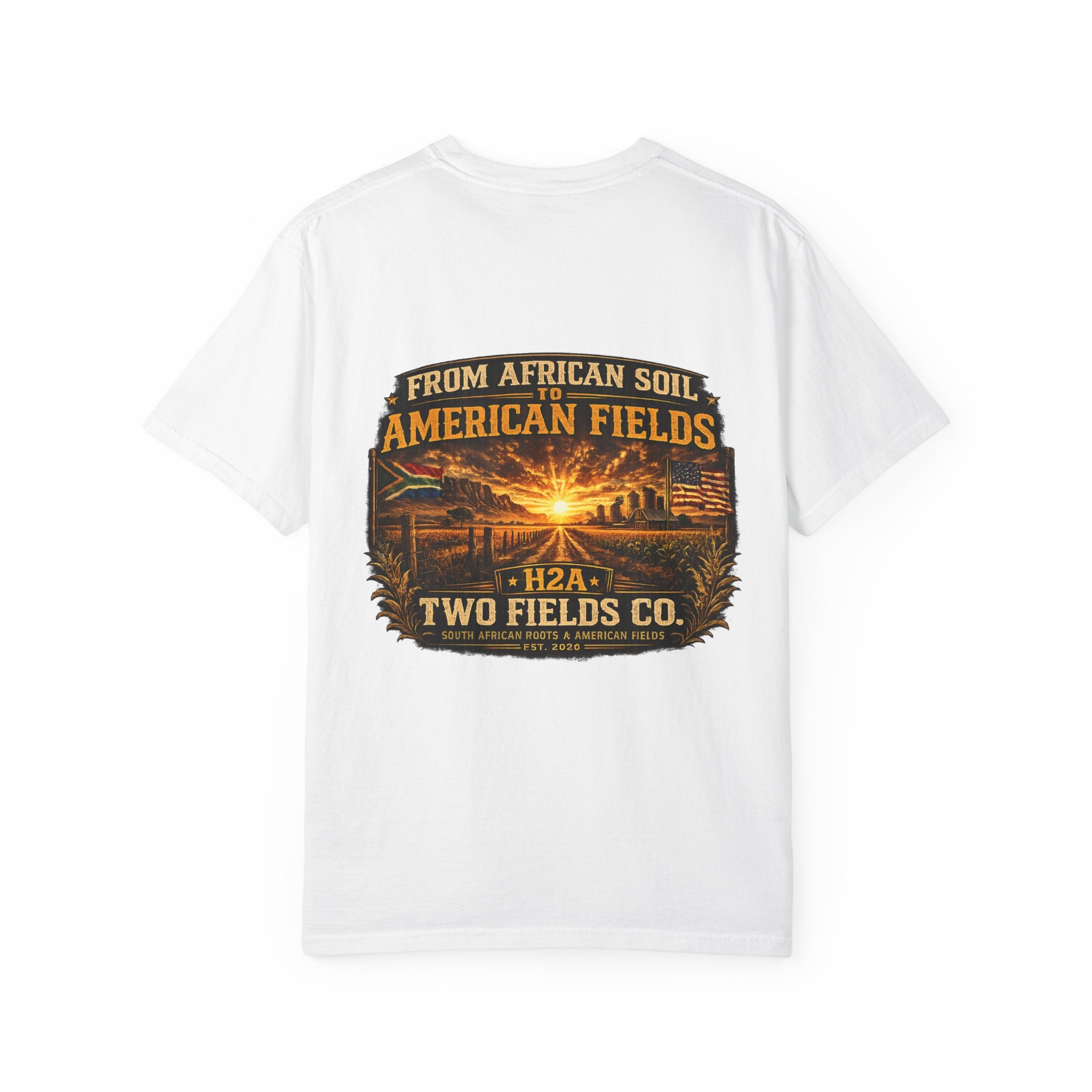 White short-sleeve T-shirt with 'From African Soil to American Fields' back graphic