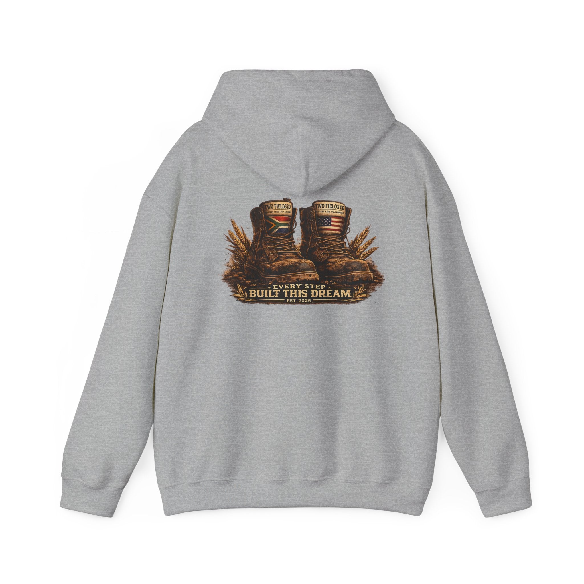 Heather grey hoodie with kangaroo pocket, hood, and western graphic "BUILD THIS DREAM" on back