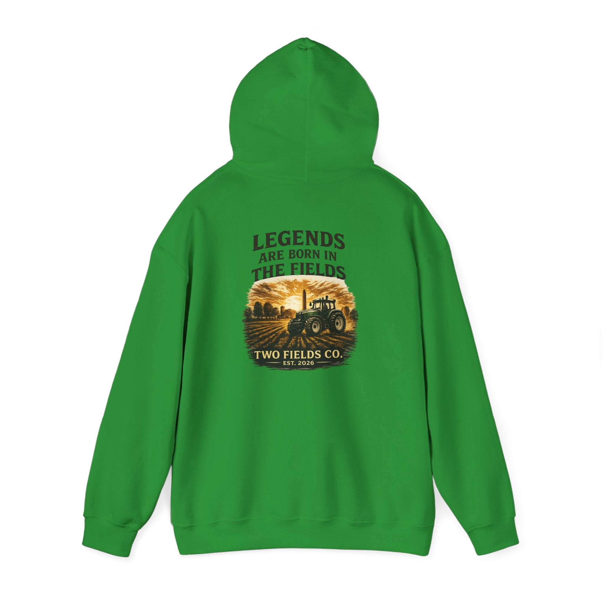 Green pullover hoodie with tractor field graphic on the back and drawstring hood