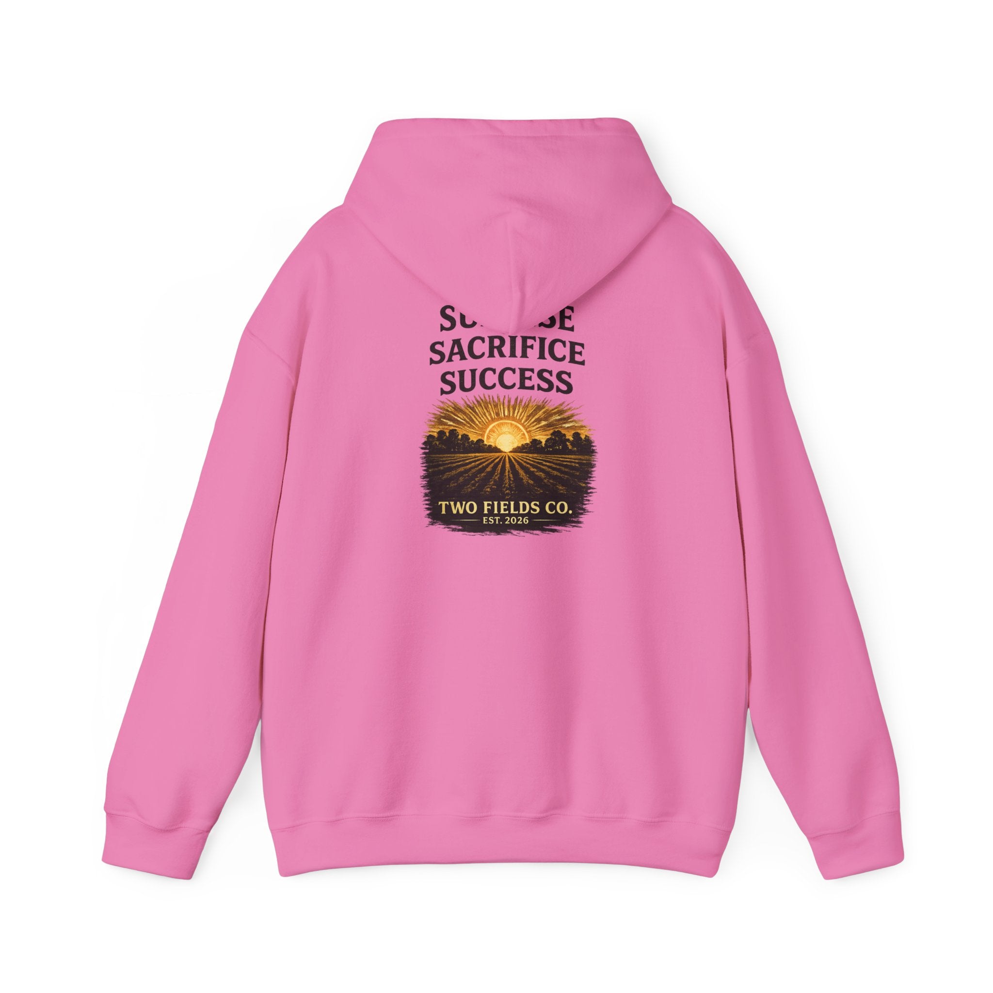 Pink hooded sweatshirt with 'Sunrise Sacrifice Success' graphic and sunrise artwork
