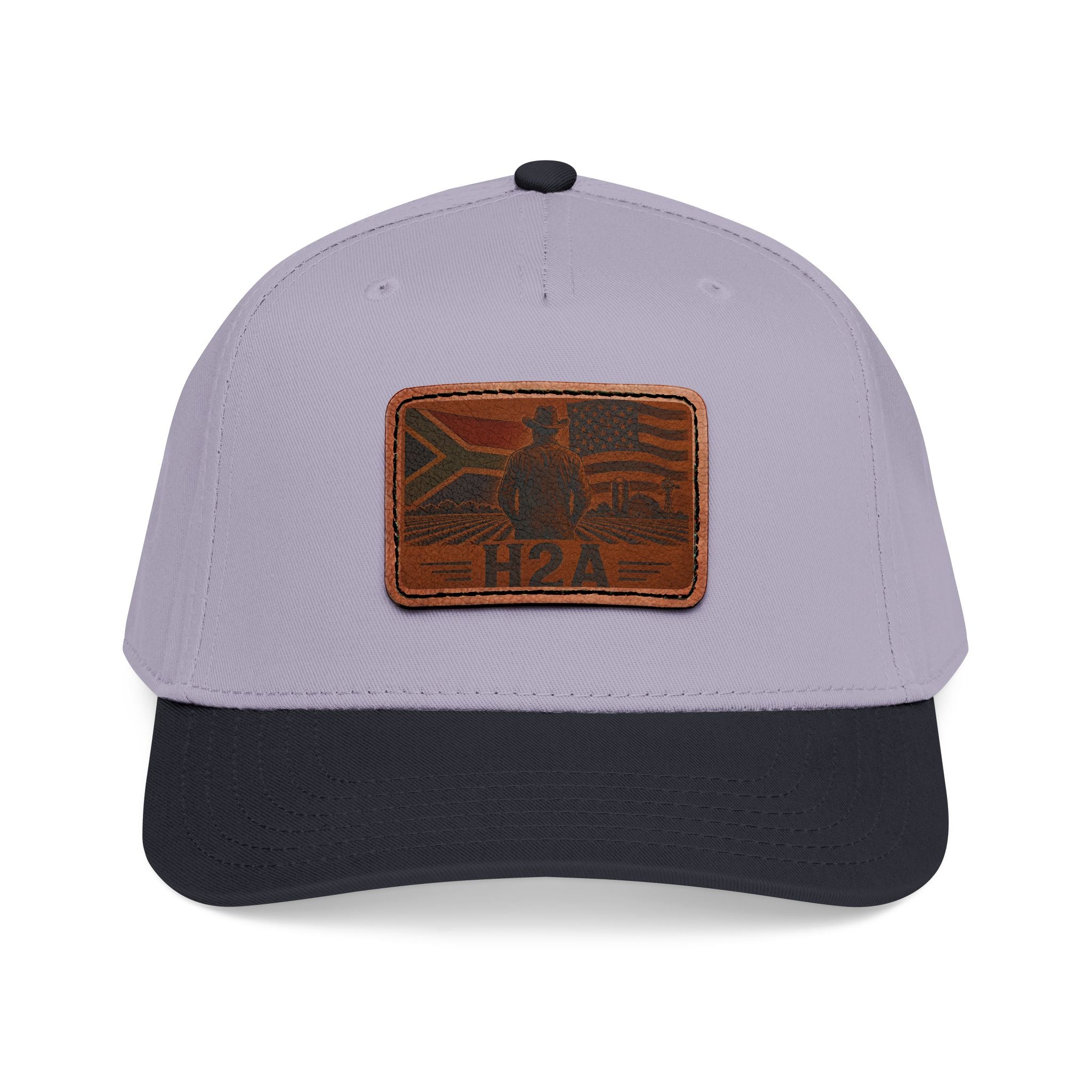 Two-tone baseball cap with light purple crown, dark brim, and rectangular H2A leather patch.