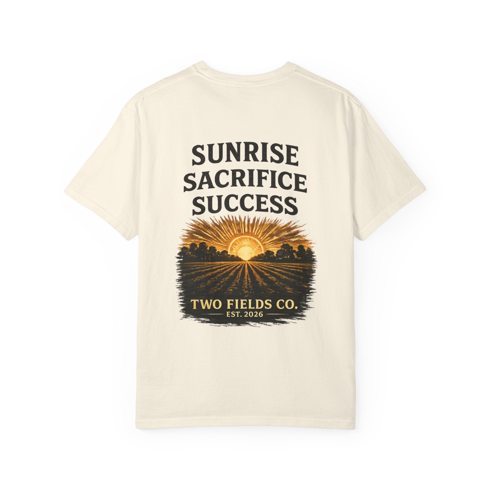 Cream graphic T-shirt with Sunrise Sacrifice Success print and sunrise landscape