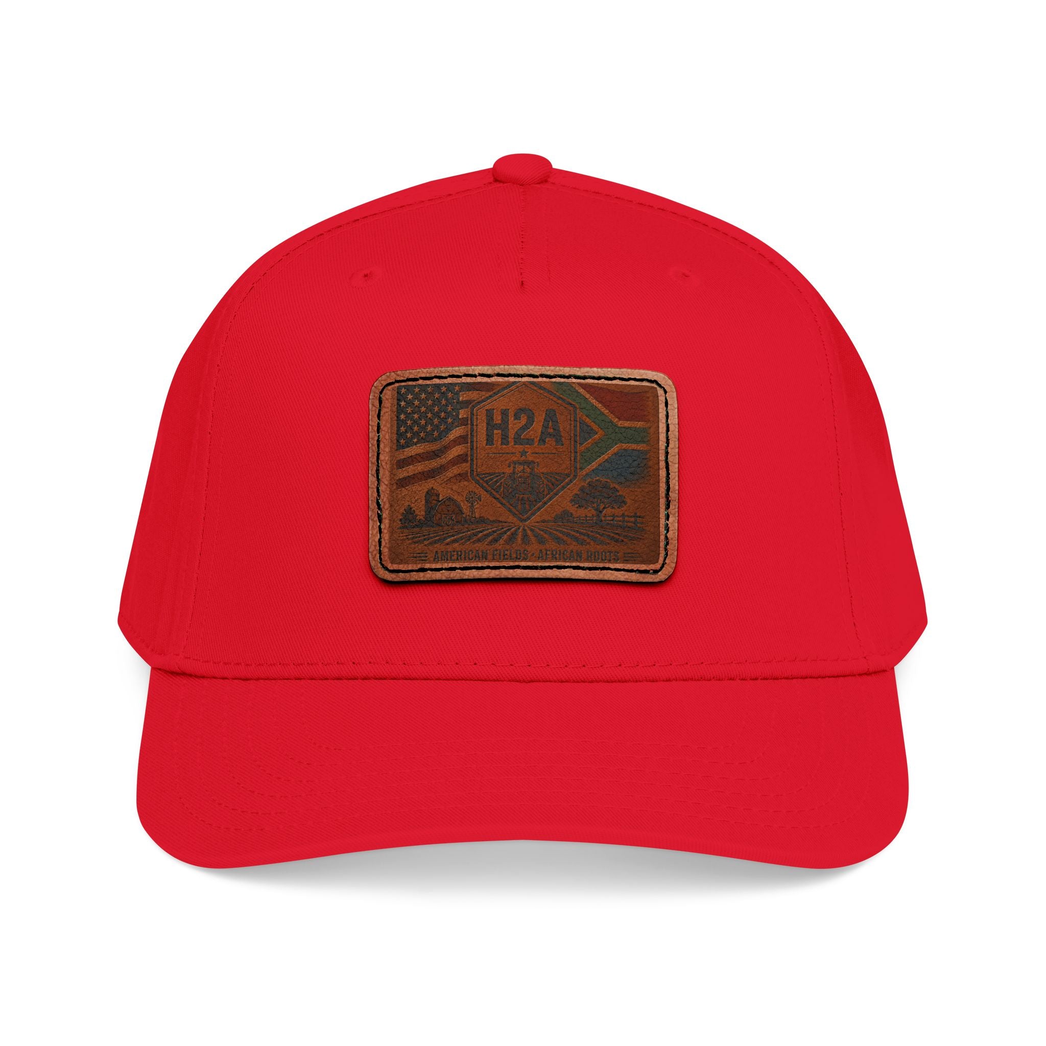 Red leather-patch baseball cap with rectangle H2A flag design