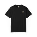 Black crew-neck T-shirt with small chest logo patch graphic