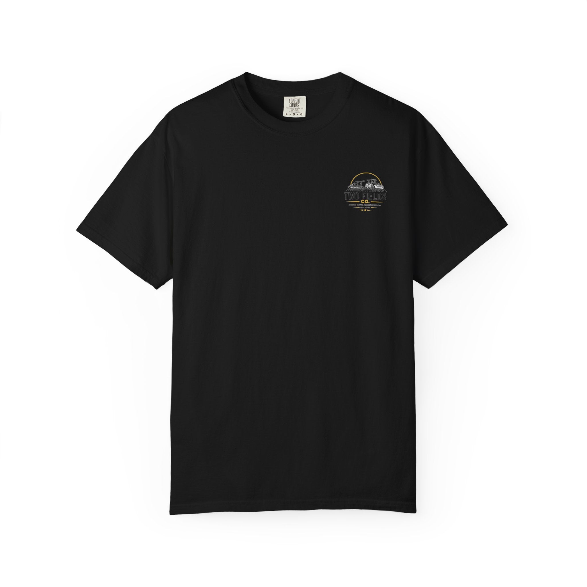 Black crew-neck T-shirt with small chest logo patch graphic