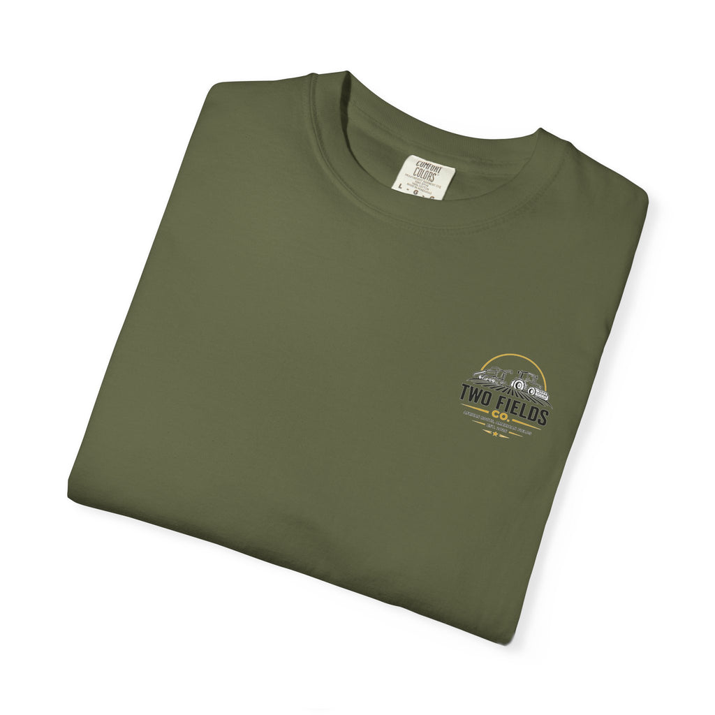 Olive green graphic t-shirt folded flat with small chest Two Fields logo