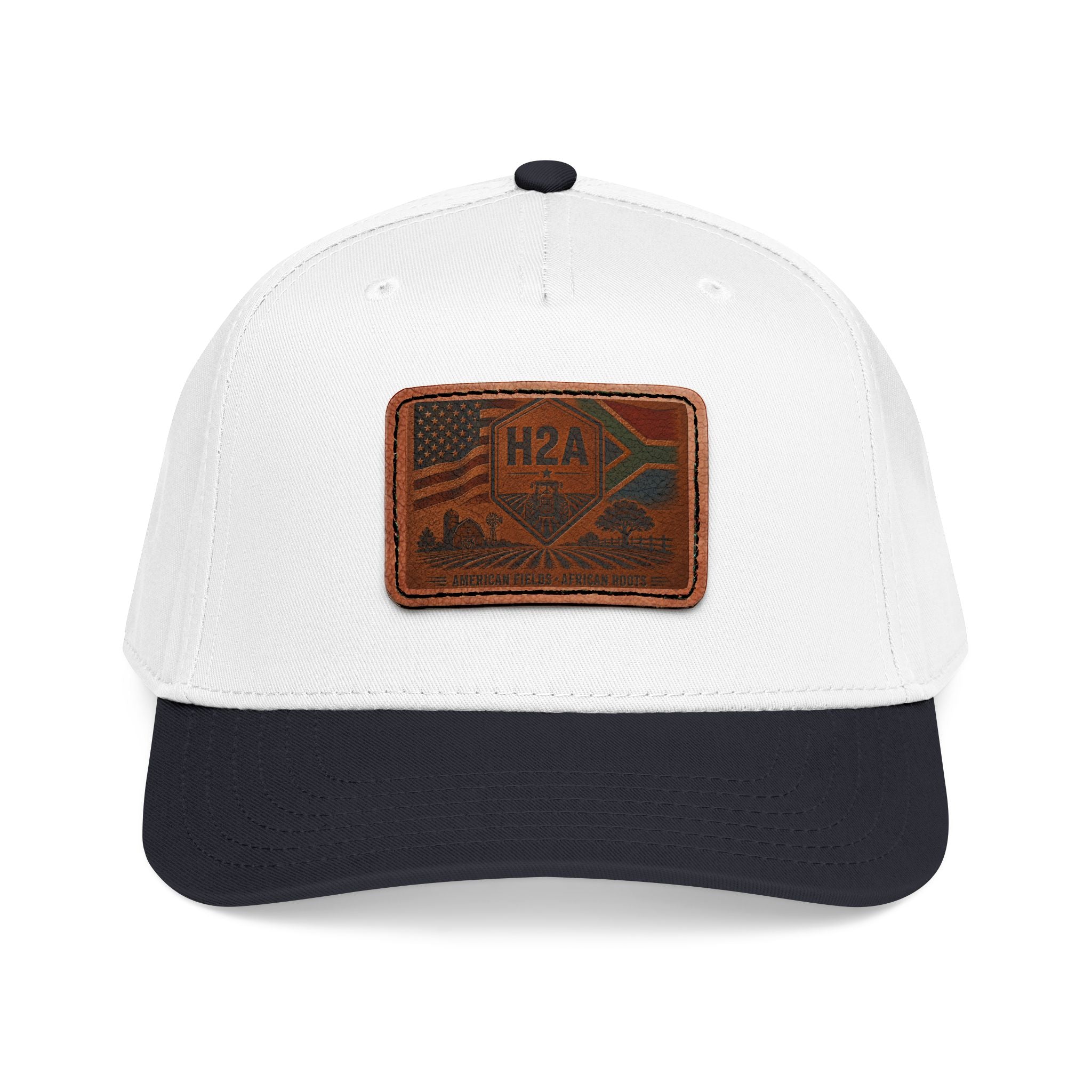 Two-tone baseball cap, white front and navy brim, with H2A rectangular patch