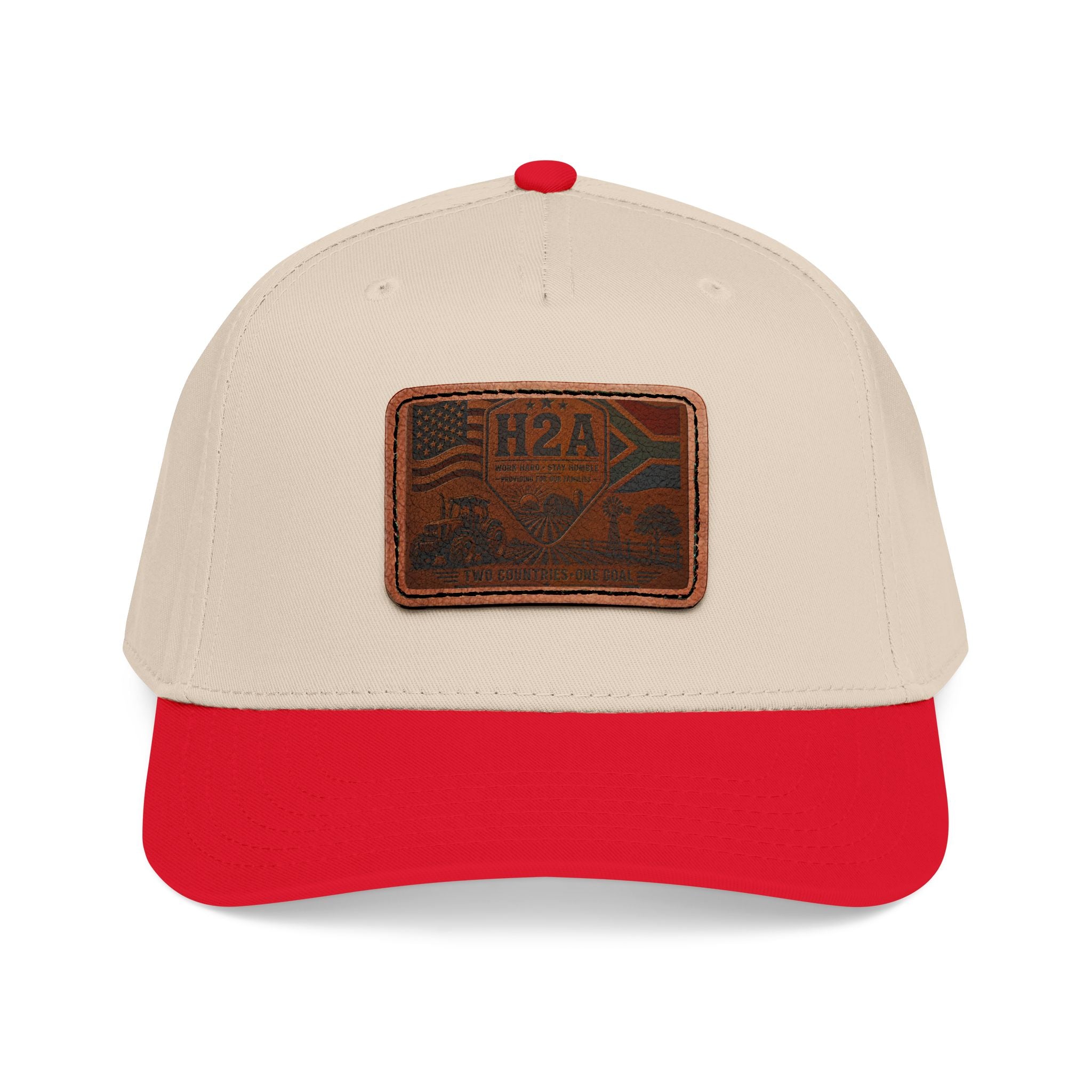Beige baseball cap with red brim and rectangular H2A flag leather patch on front