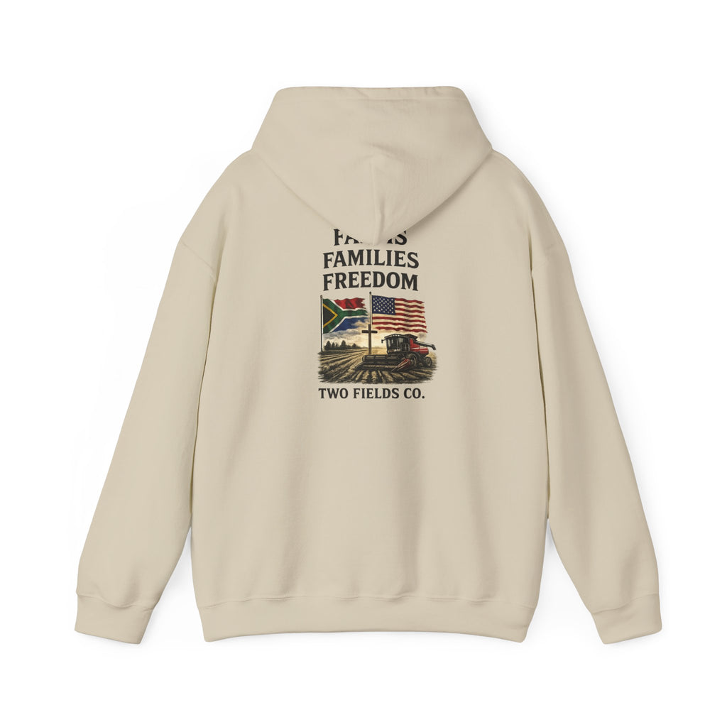 Beige pullover hoodie with back graphic text and landscape, hood with drawstring, Two Fields Co.