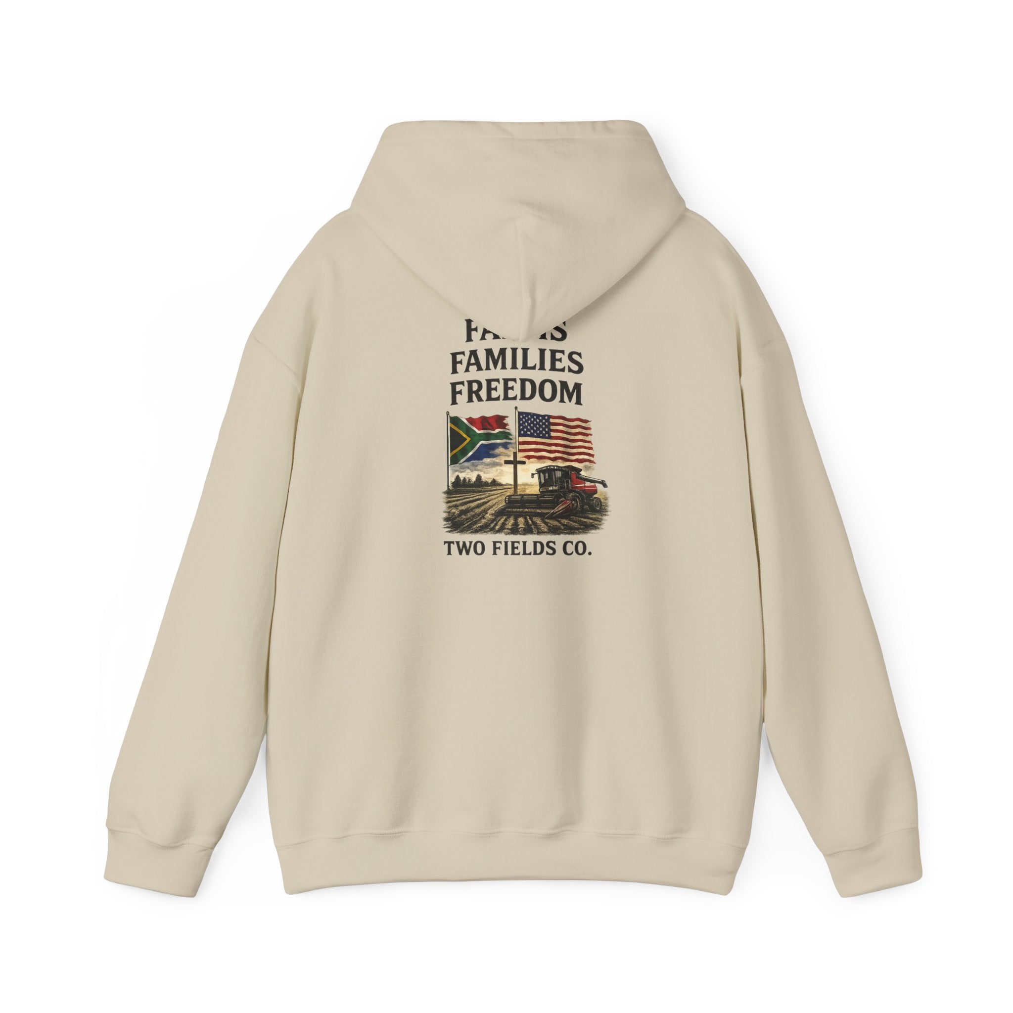 Beige pullover hoodie with back graphic text and landscape, hood with drawstring, Two Fields Co.