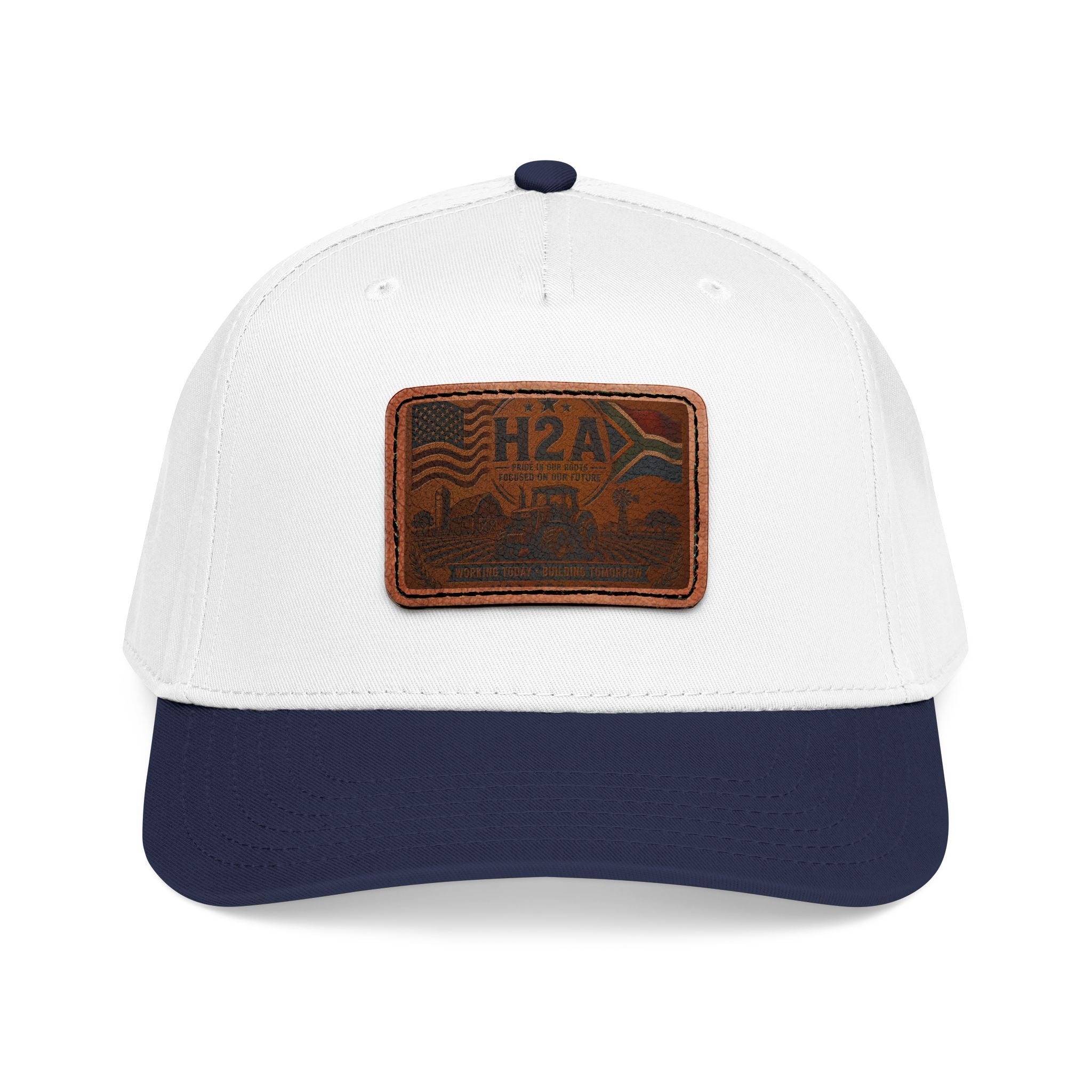 White leather patch baseball cap with H2A rectangular patch, navy blue brim