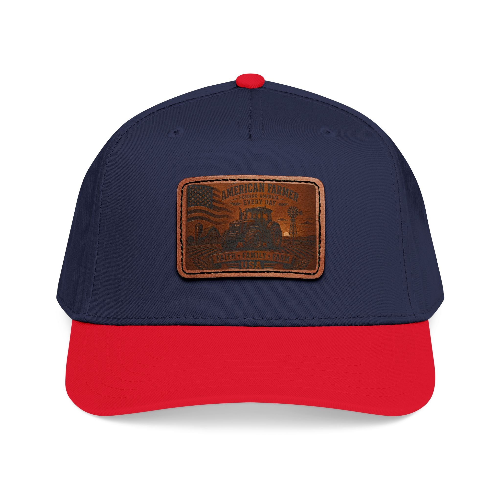 Leather patch baseball cap, dark navy with red brim and rectangular light-brown front patch.