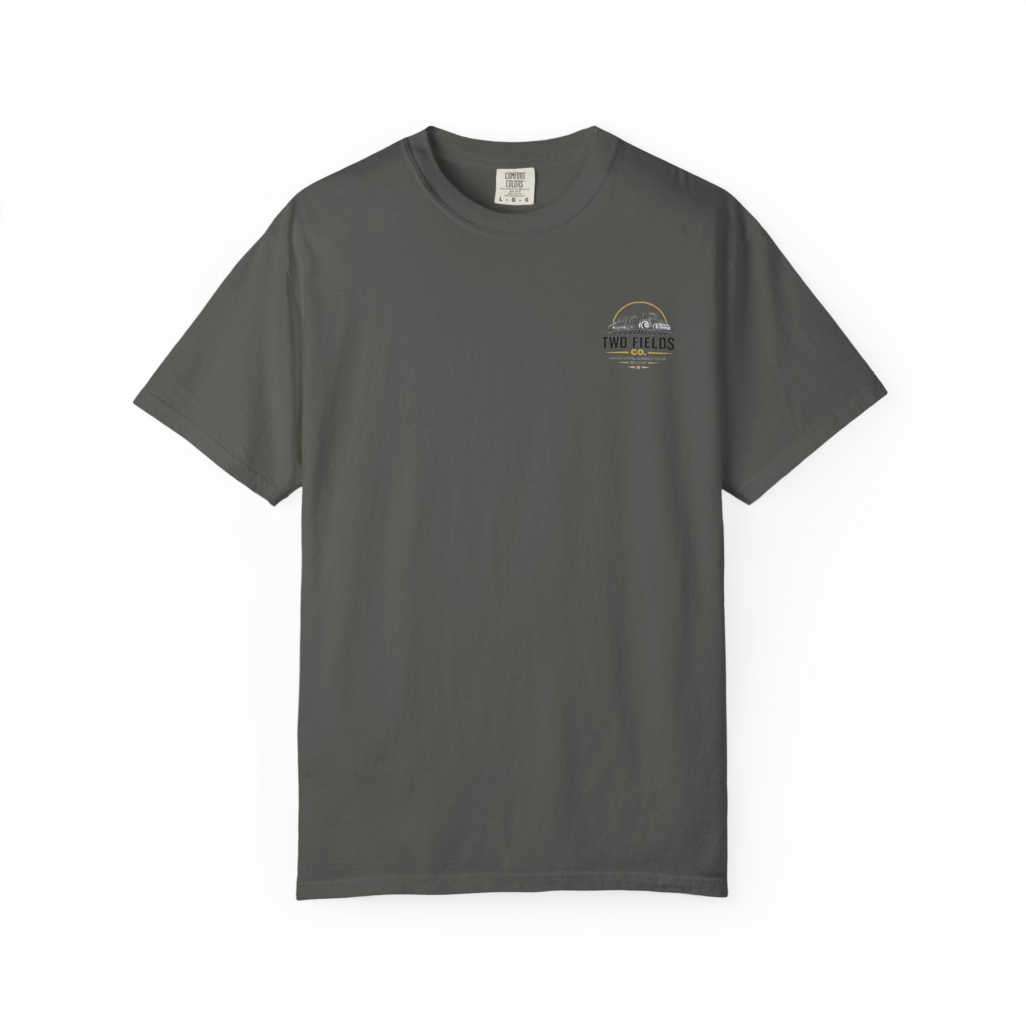 Charcoal gray crew-neck T-shirt with small round Two Fields logo on the left chest