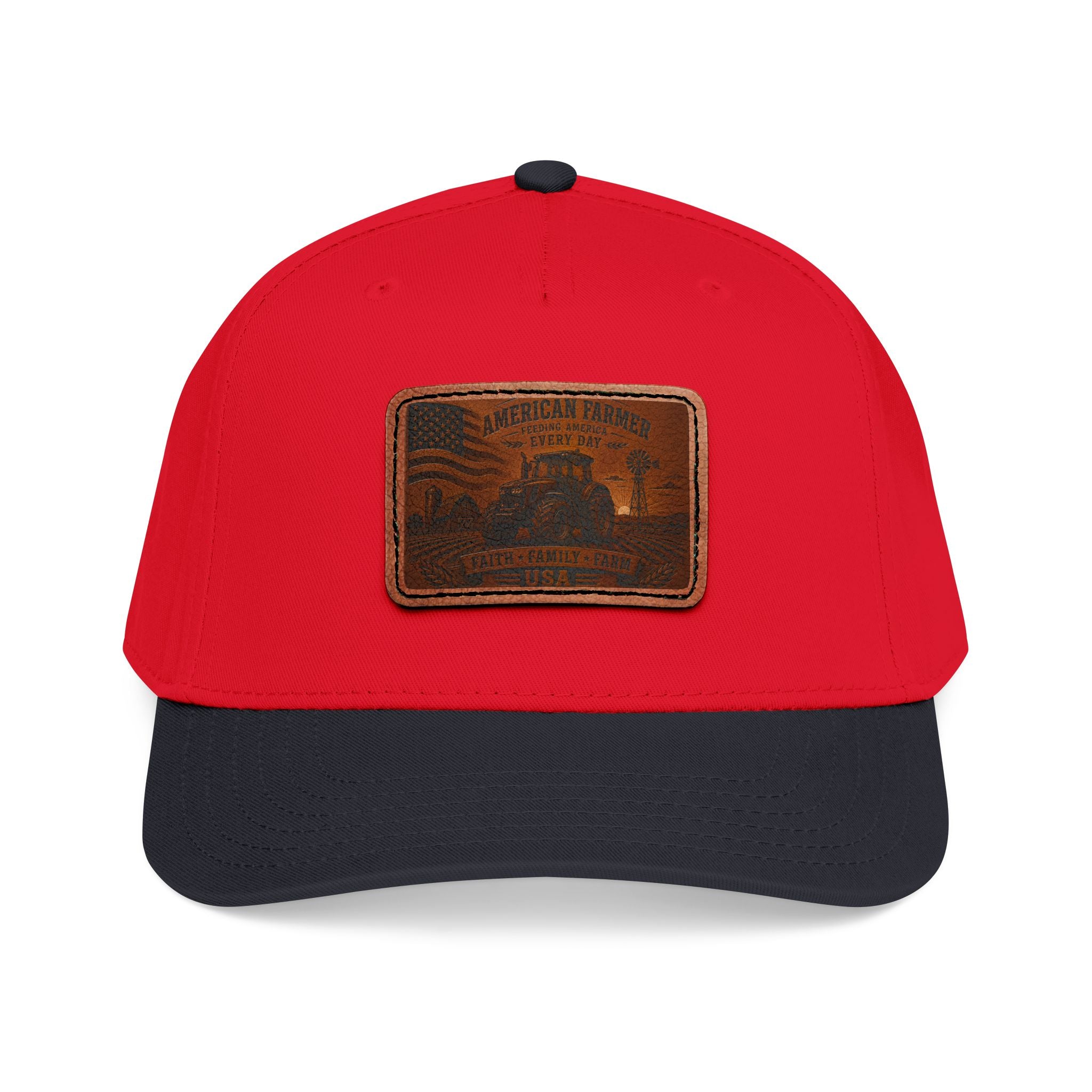 Leather patch baseball cap, red with rectangular light-brown front patch and dark brim.
