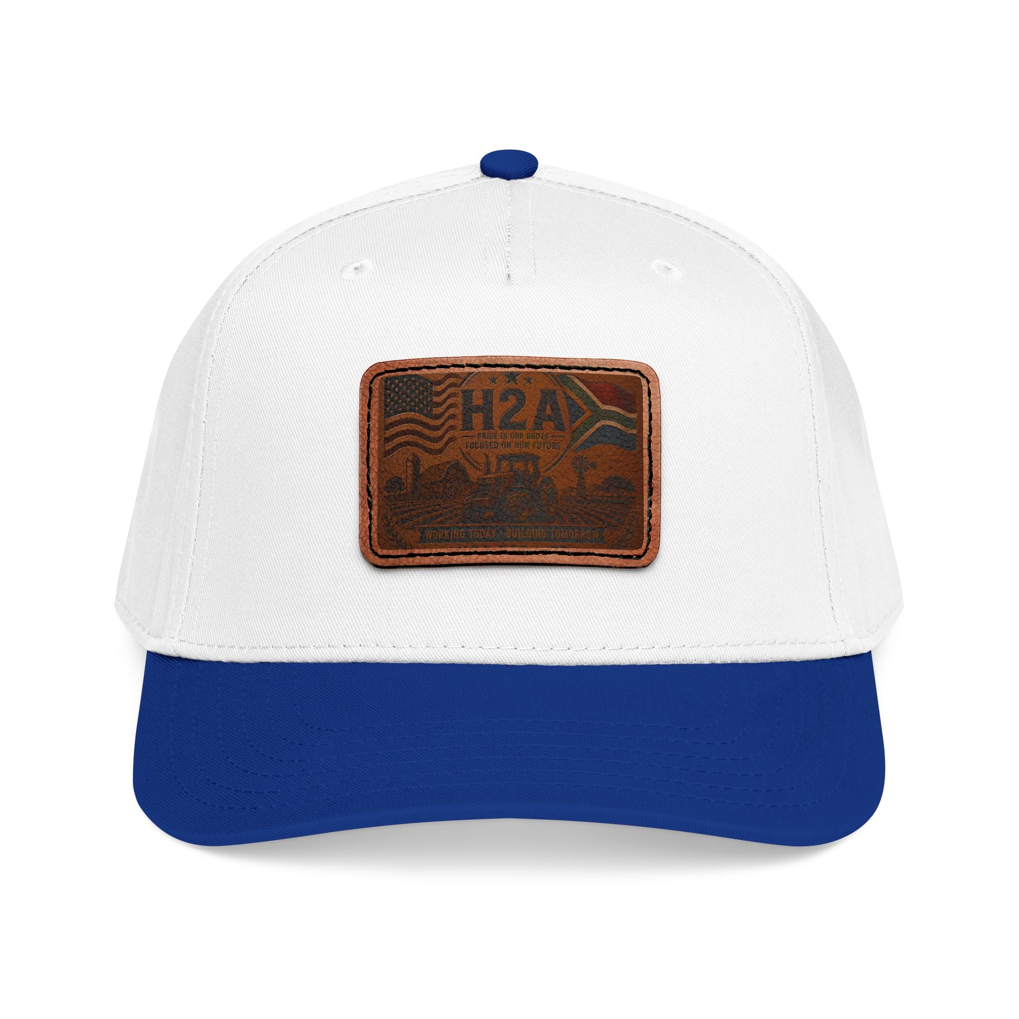 Leather patch baseball cap, white and blue with rectangular H2A truck patch on front