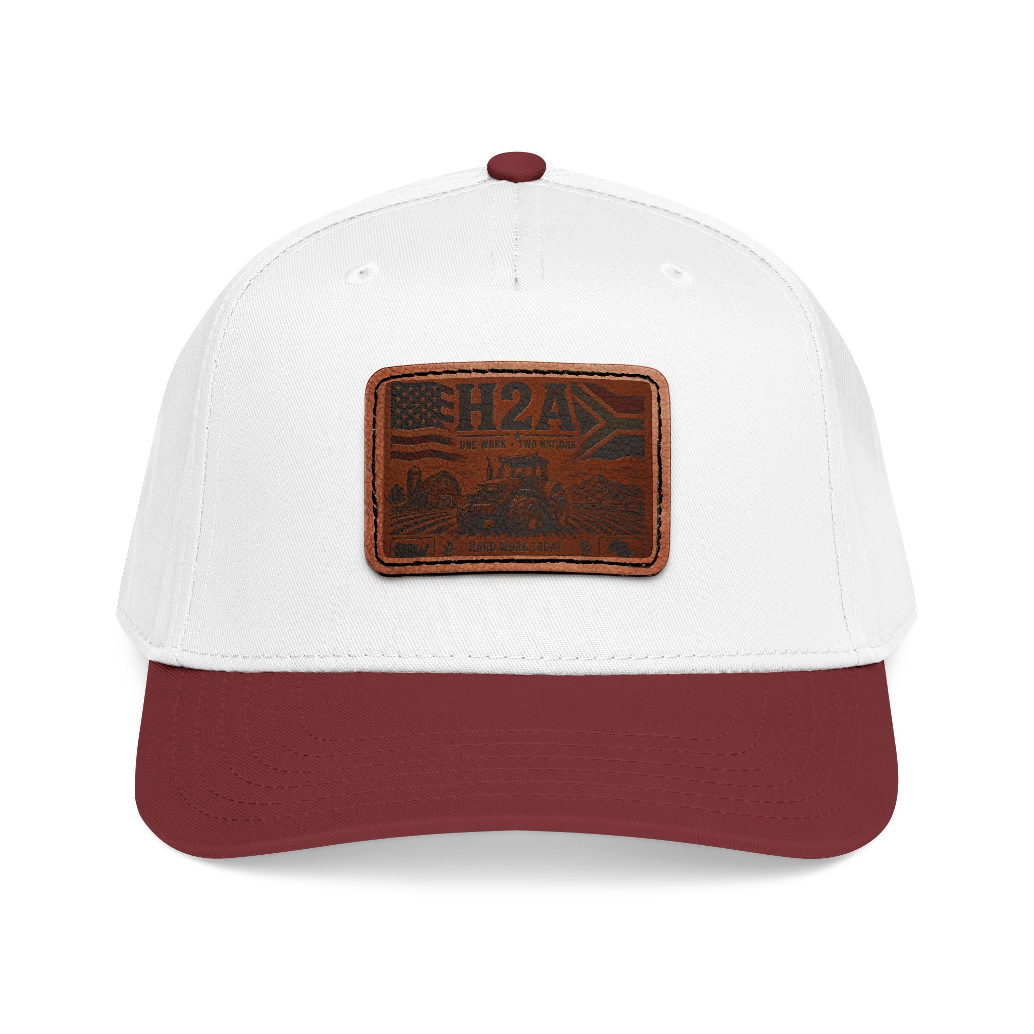 White baseball cap with rectangular H2A truck leather patch and burgundy brim