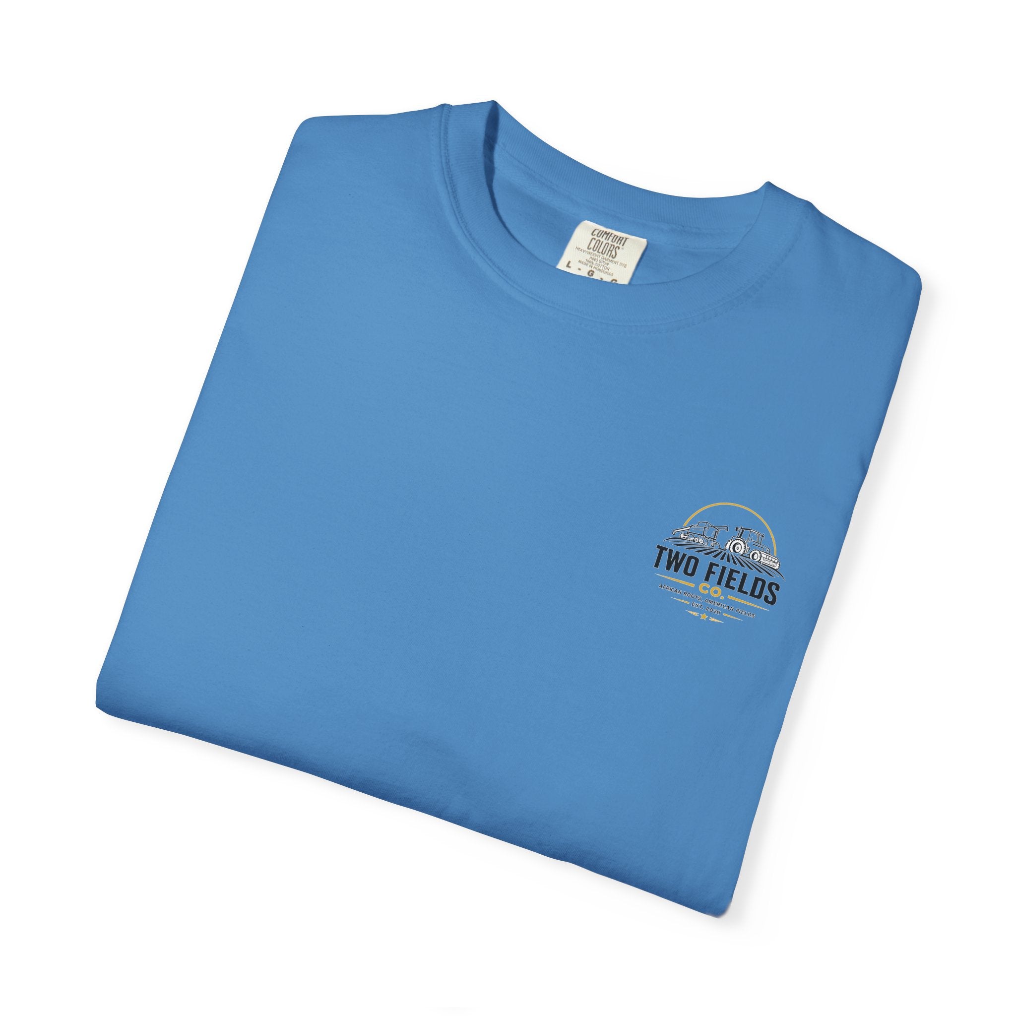 Blue graphic T-shirt with small Two Fields logo on the chest