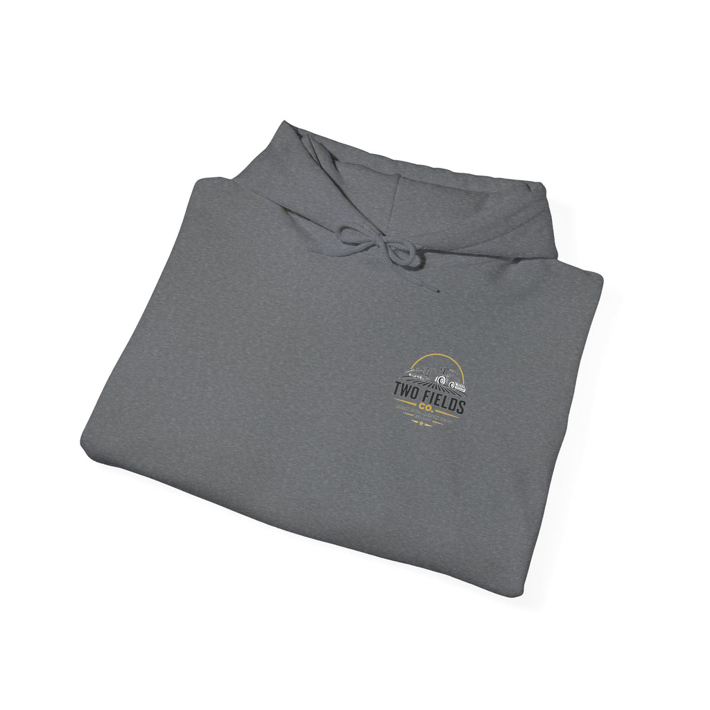 Dark heather hoodie with small circular Two Fields Co. graphic at chest