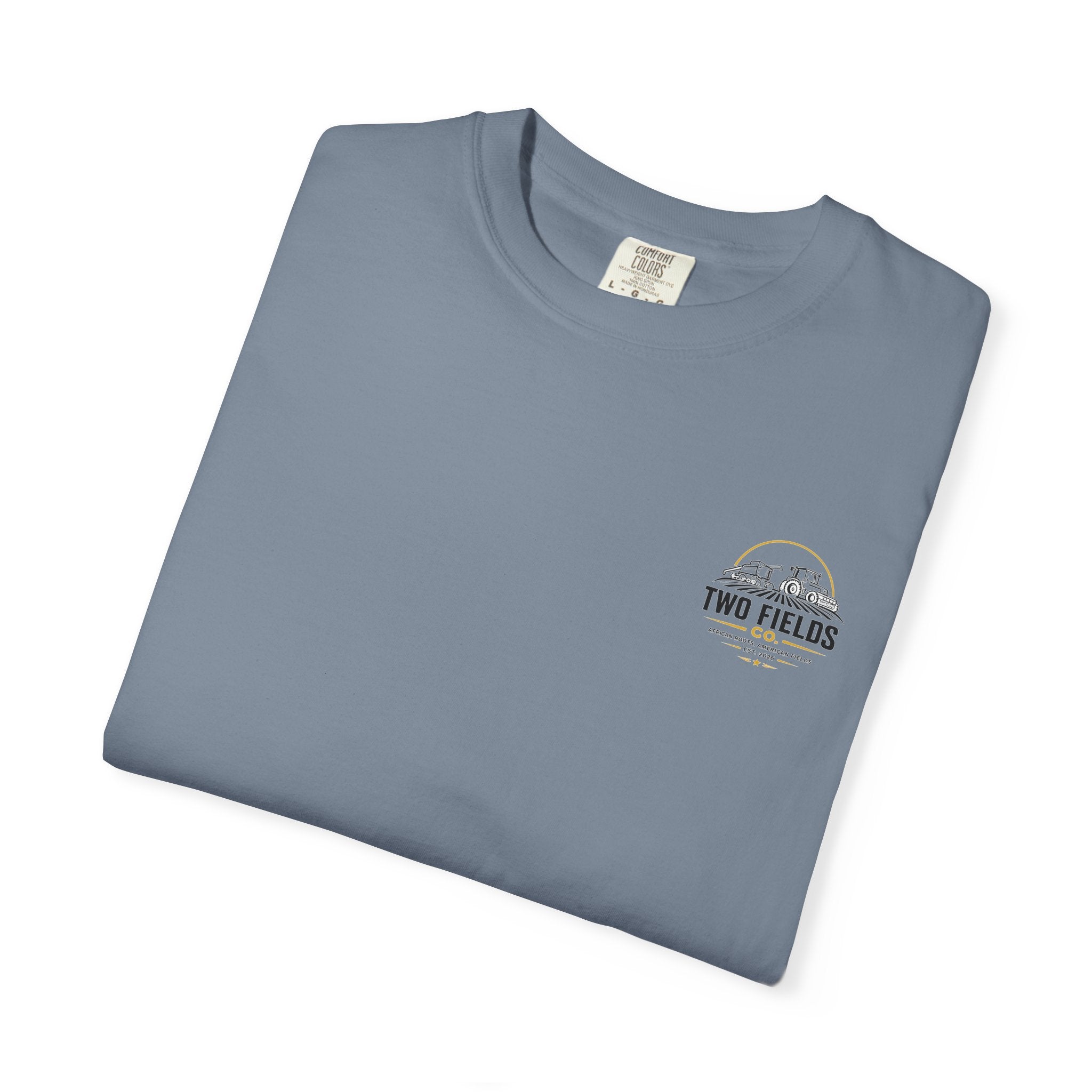 Blue crewneck T-shirt, chest logo with tractor and Two Fields Co. circular graphic