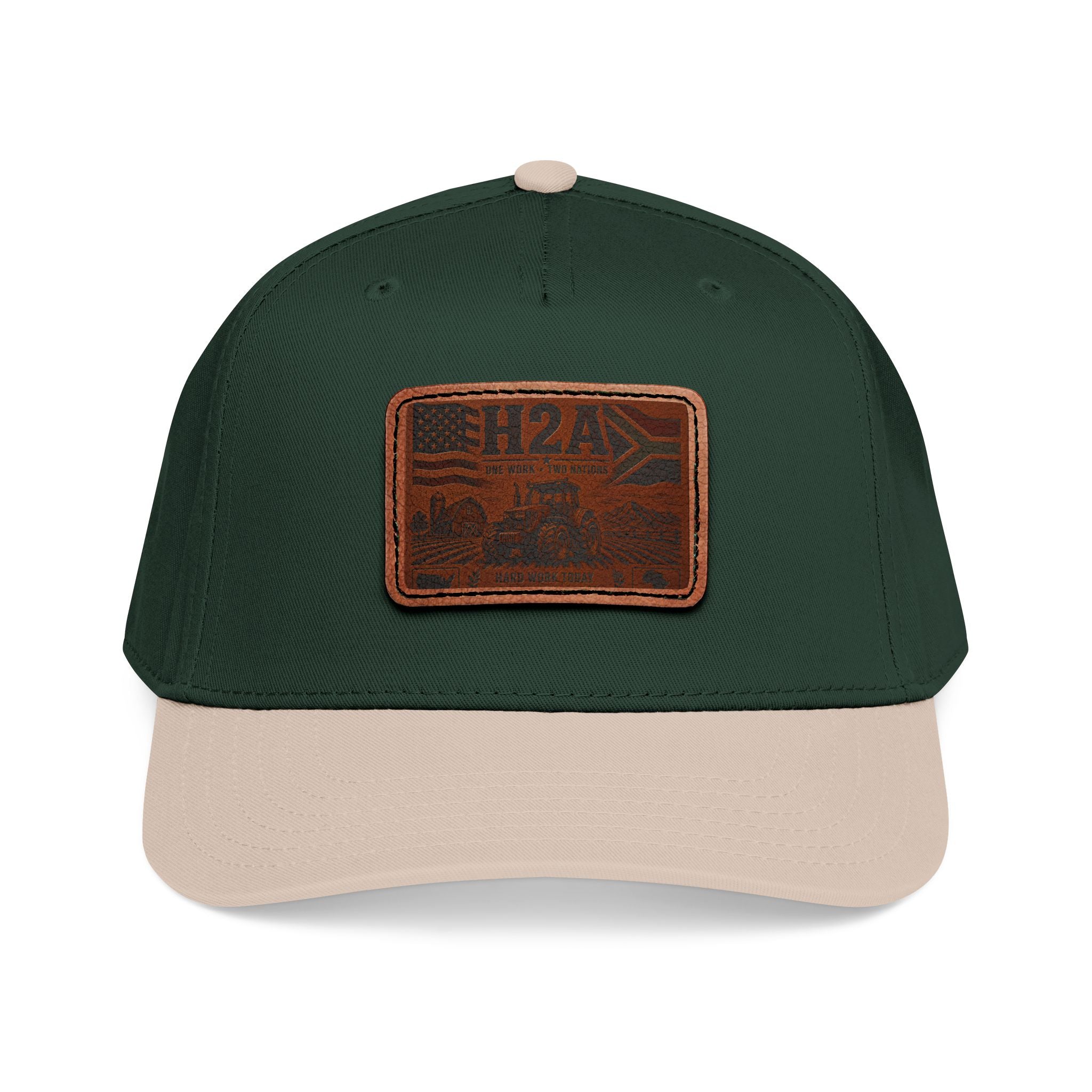 Leather patch baseball cap in dark green with beige brim and rectangular H2A truck patch