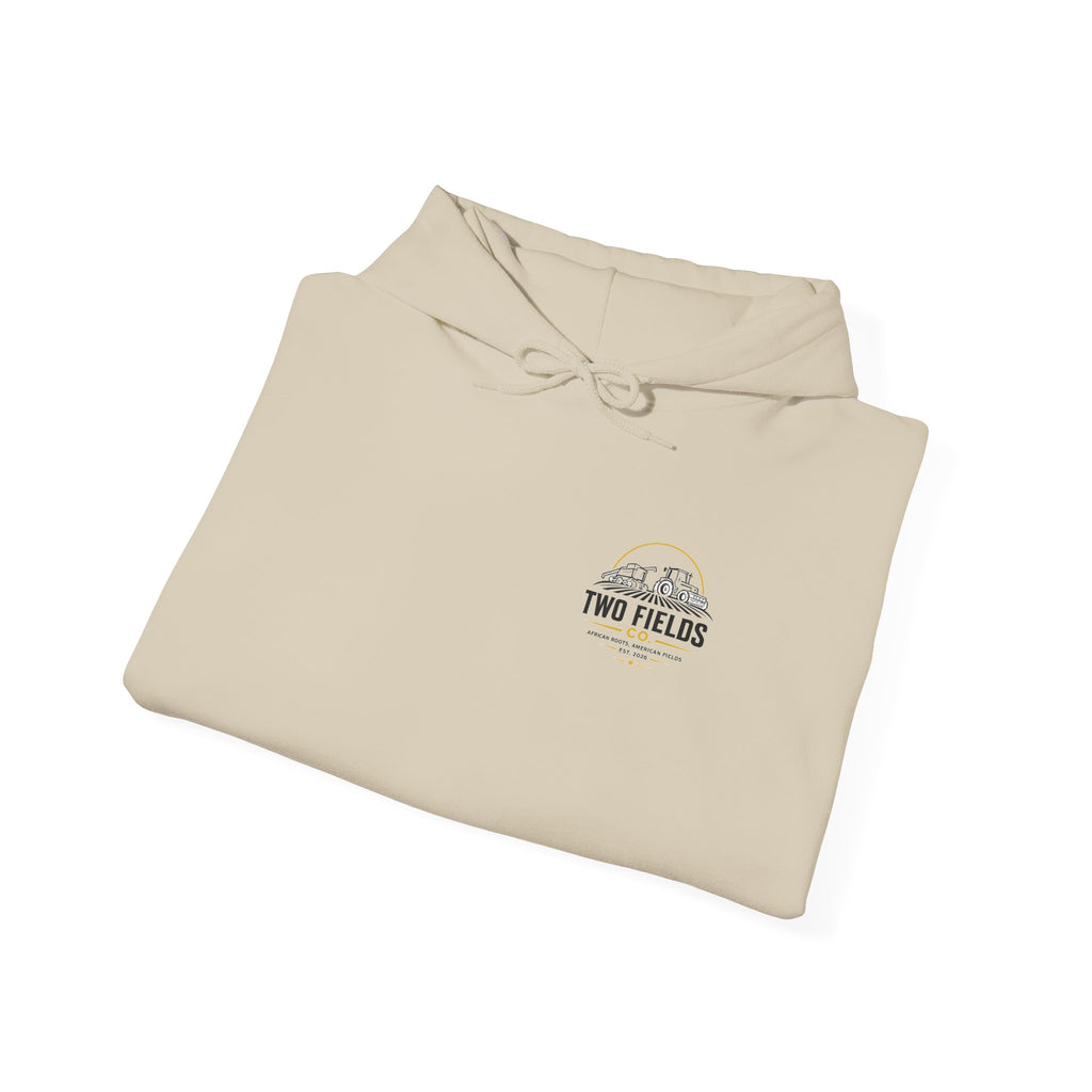 Light beige folded hooded sweatshirt with small chest logo