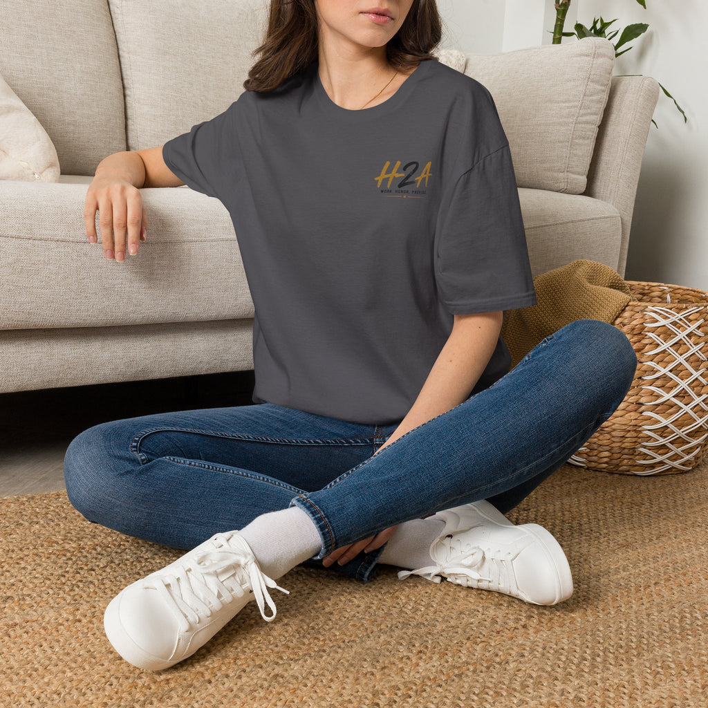 Unisex T-shirt in charcoal gray with small H2A logo on the chest