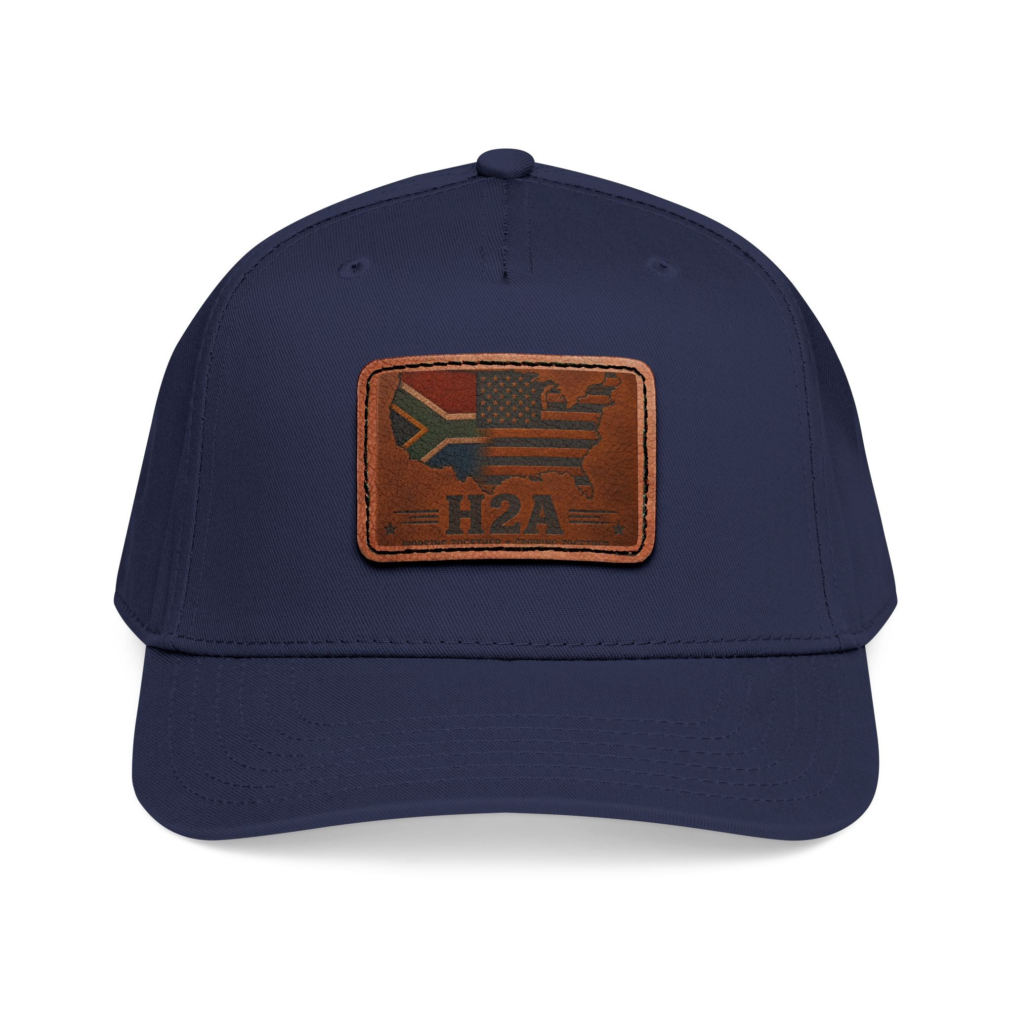 Navy leather patch baseball cap with rectangular H2A flag patch and curved brim