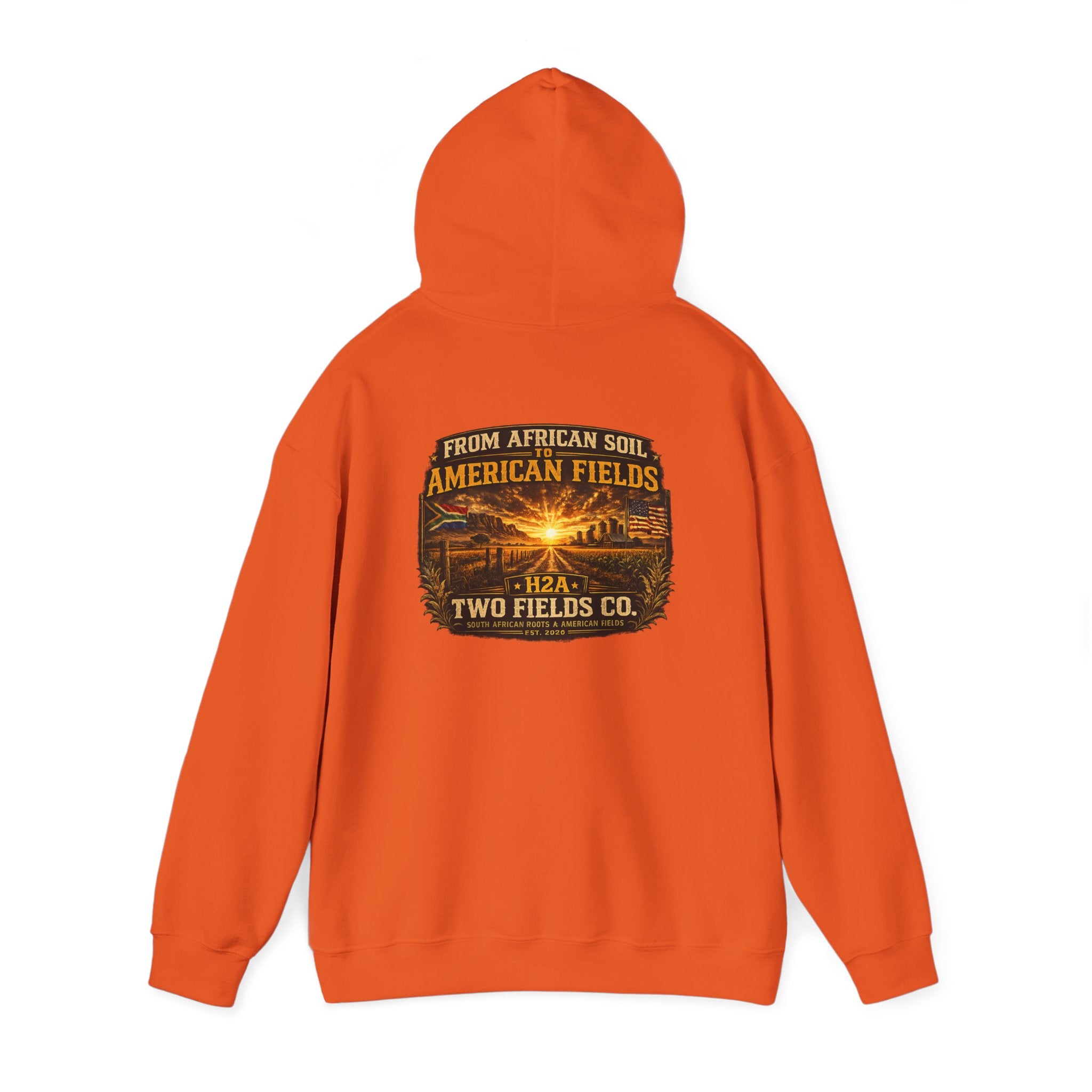 Orange pullover hoodie with vintage logo graphic on the back