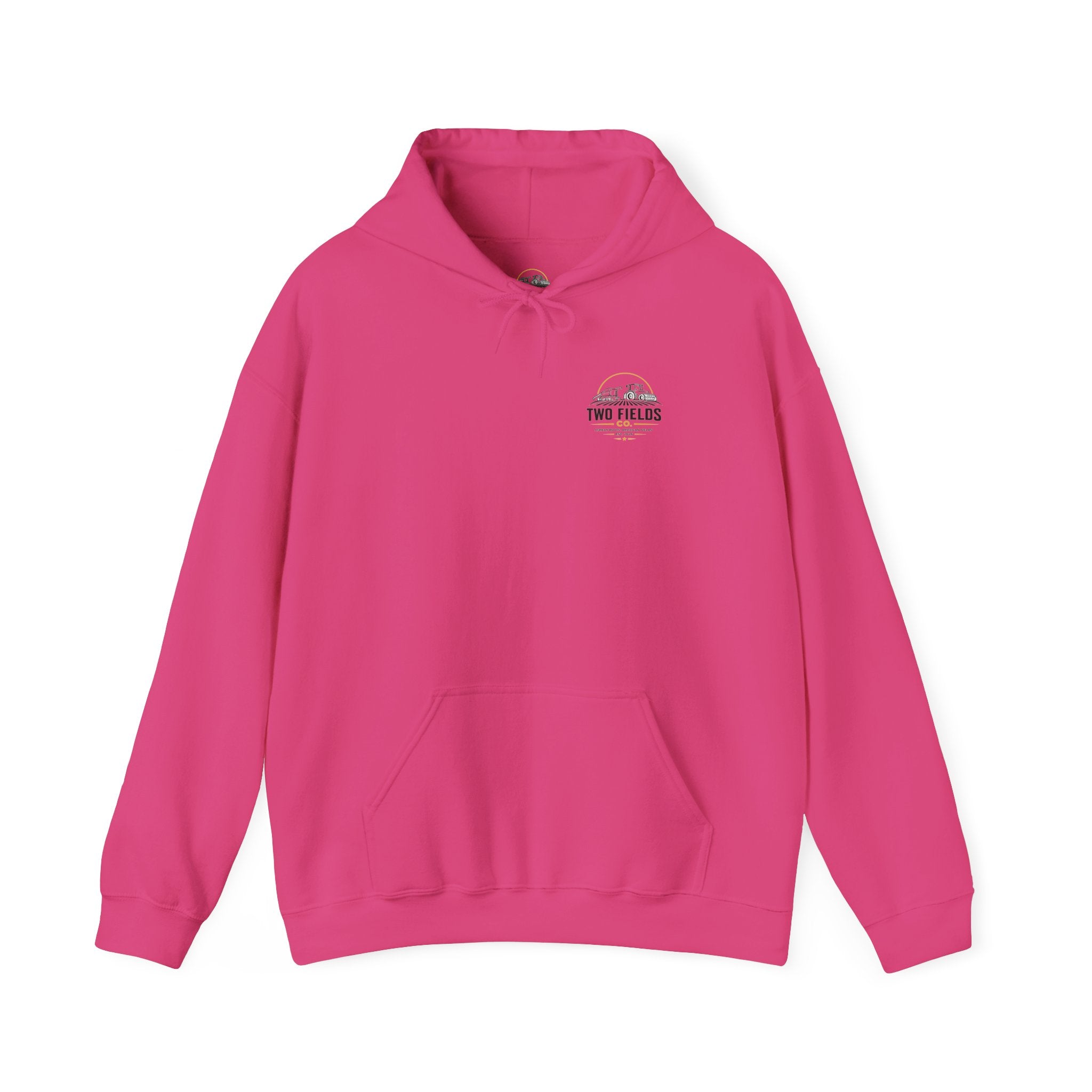 Hot pink pullover hoodie with drawstring hood, kangaroo pocket, and small chest logo