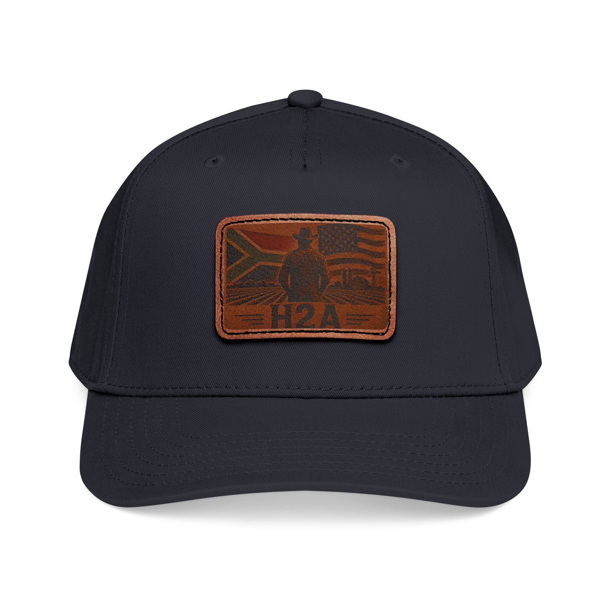 Baseball cap with leather-look H2A flag patch, dark navy crown and navy brim.