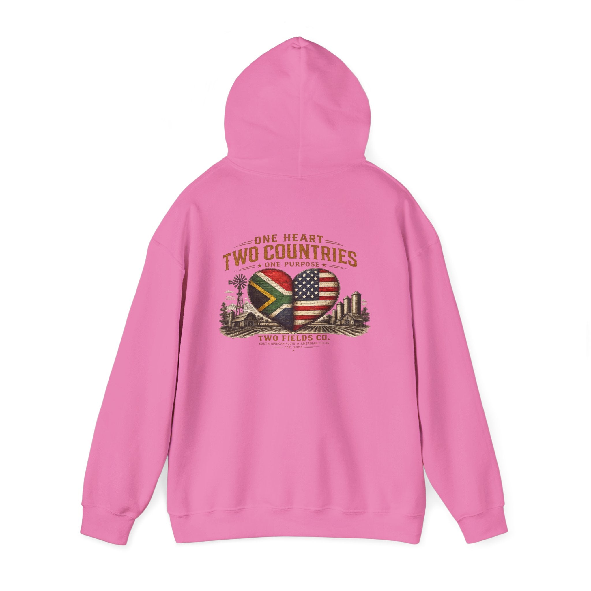 Light pink pullover hoodie with heart-shaped flag graphic on the back and drawstring hood