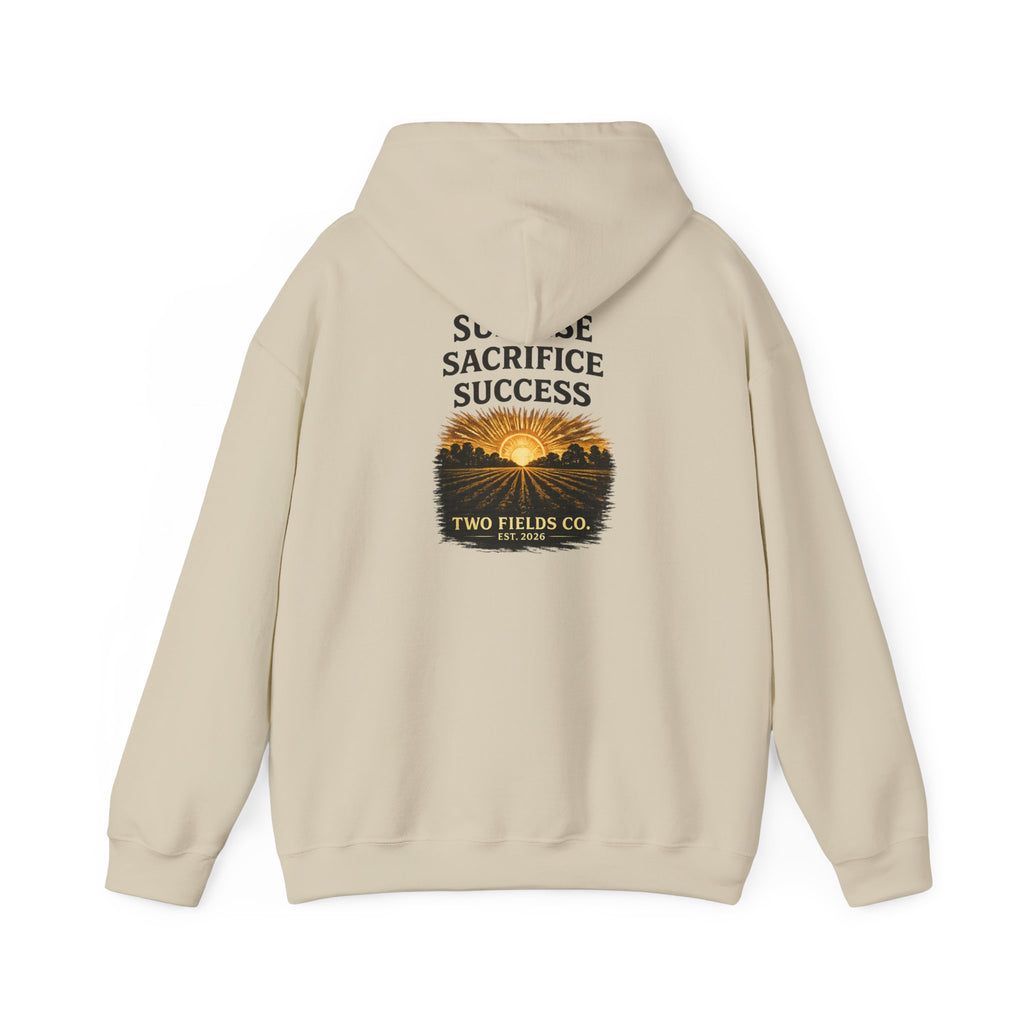 Light beige hooded sweatshirt with back graphic text “SACRIFICE SUCCESS”