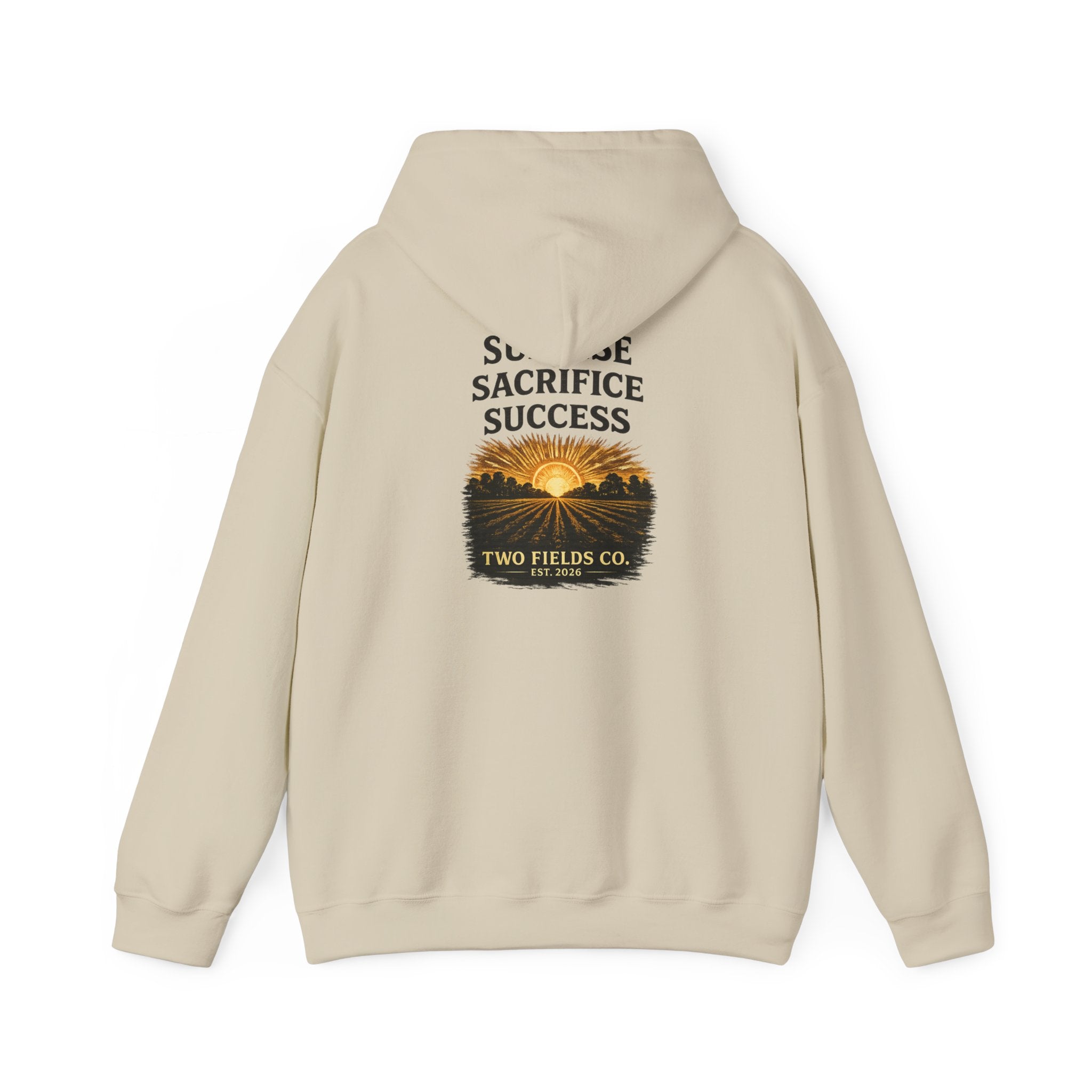 Light beige hooded sweatshirt with back graphic text “SACRIFICE SUCCESS”