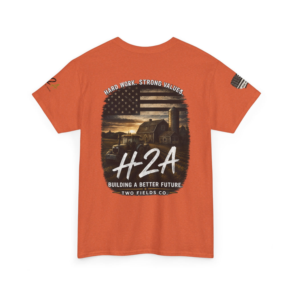 Orange H2A farming T-shirt with H2A farm graphic and values text on back