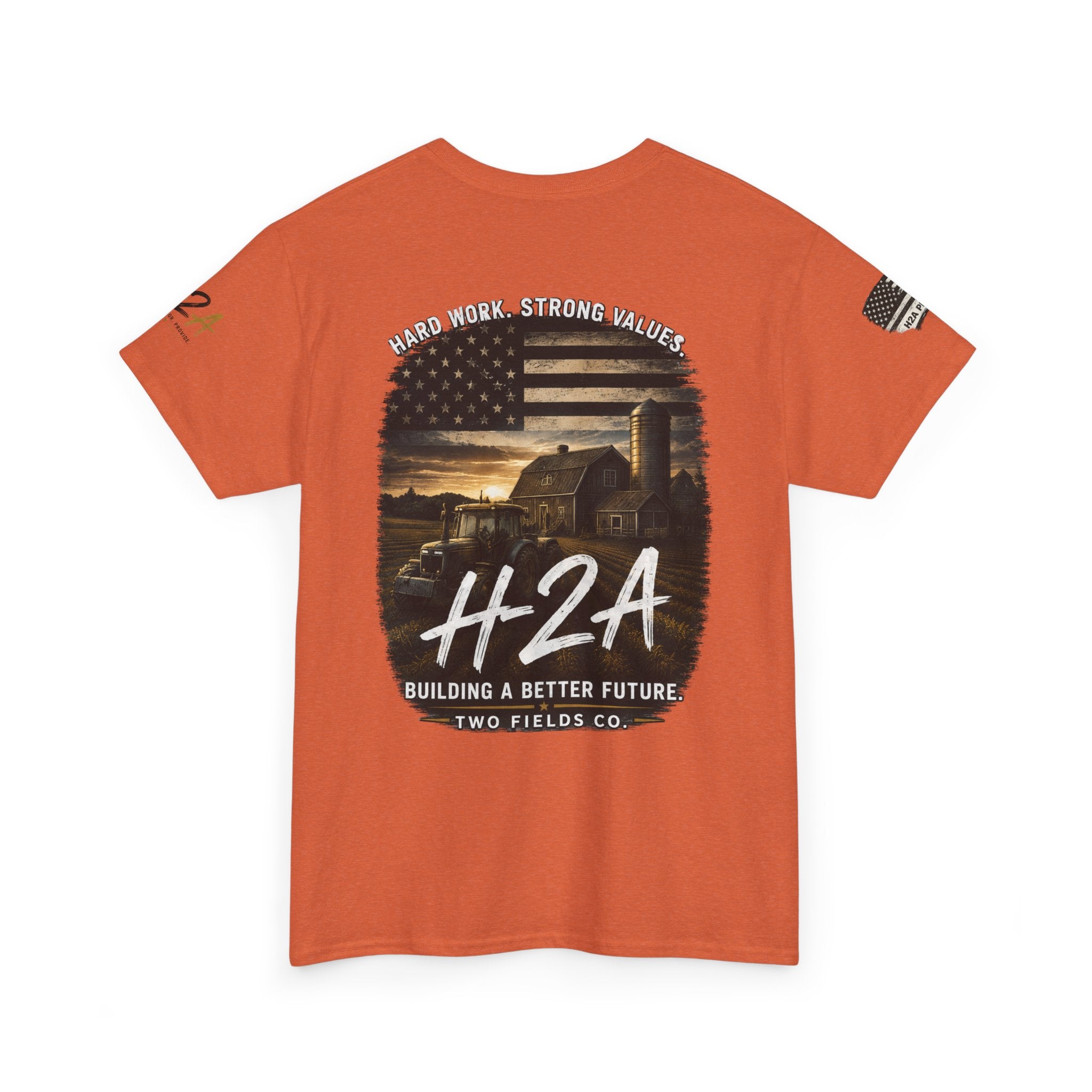 Orange H2A farming T-shirt with H2A farm graphic and values text on back