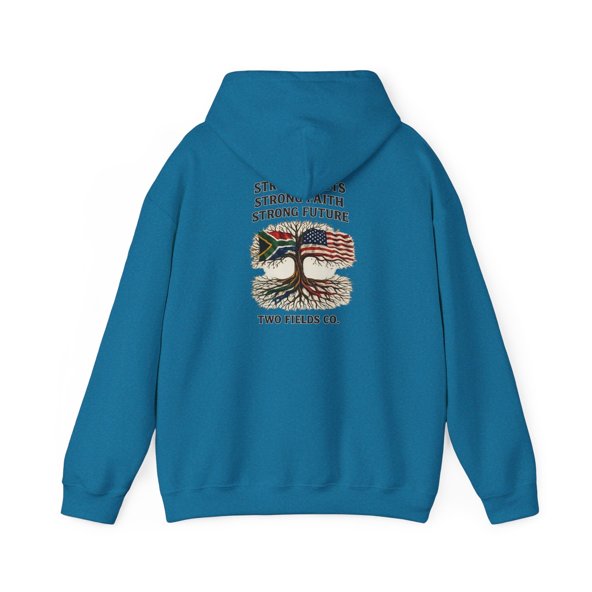 Teal hoodie with front graphic text and tree-and-American-flag patch design