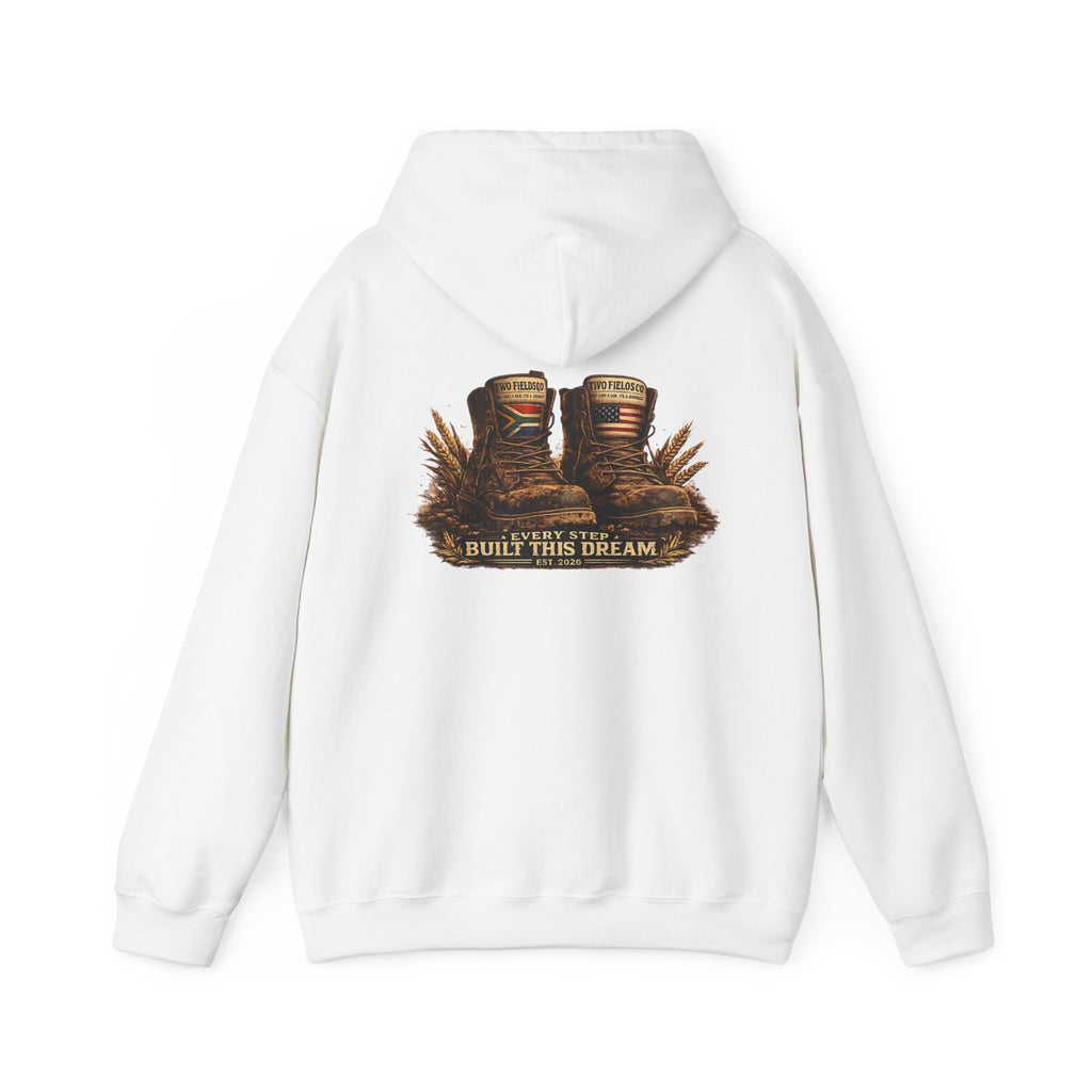 White pullover hoodie with back graphic of boots and wings, and hood drawstring